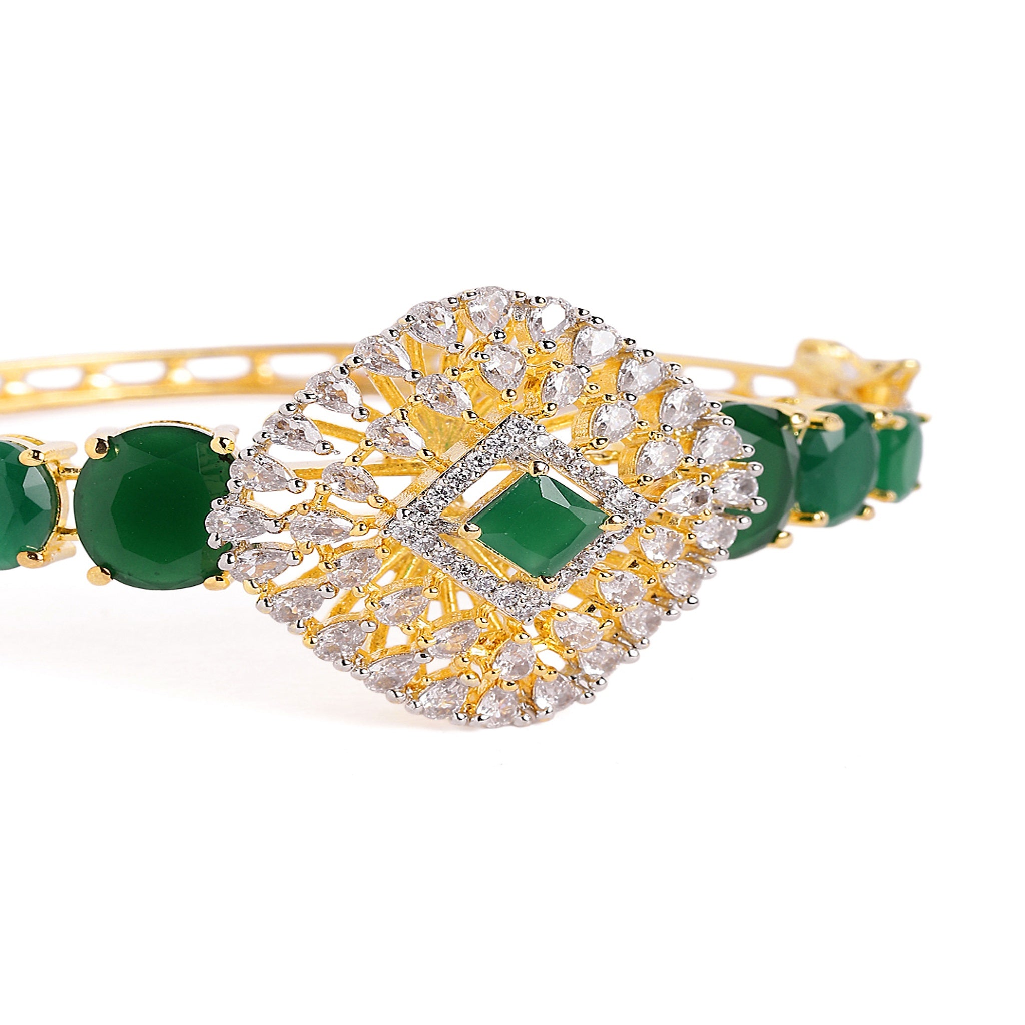 Women Cubic Zirconia Gold-Plated Kada Bracelet-Green