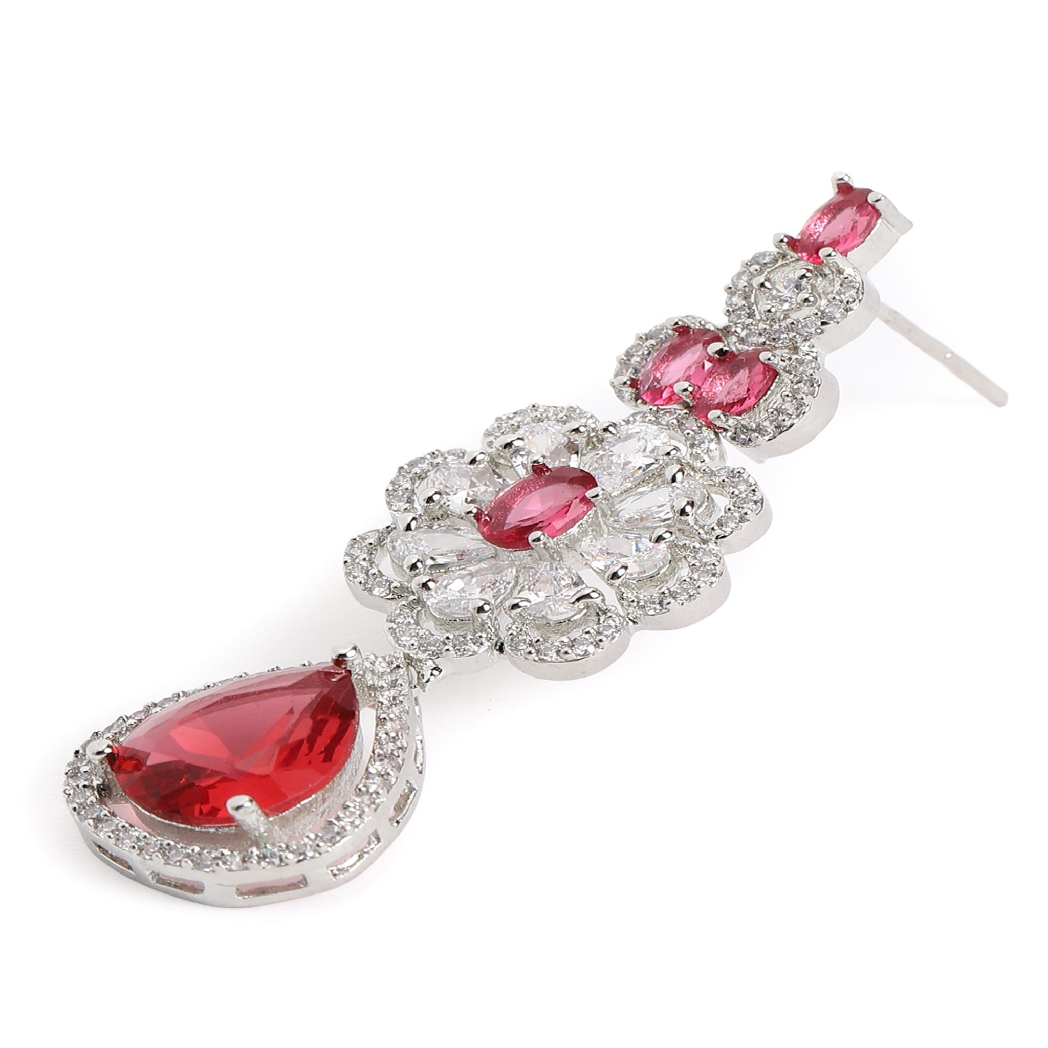 Rhodium-Plated Silver-Toned & Rani Pink AD-Studded Jewellery Set