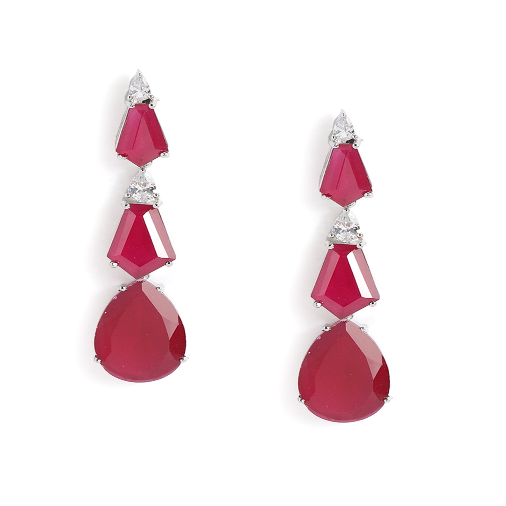 Rhodium-Plated Silver-Toned & Ruby Pink AD-Studded Jewellery Set