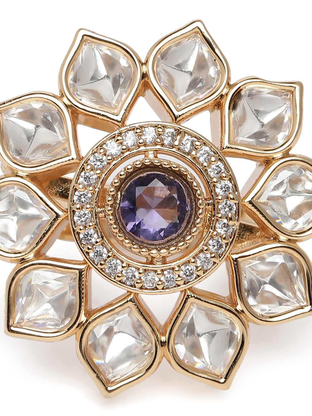 Lavish Giftz Gold-Plated Classic Mira Kundan Adjustable Kundan & Purple Stone Studded Handcrafted Finger Ring