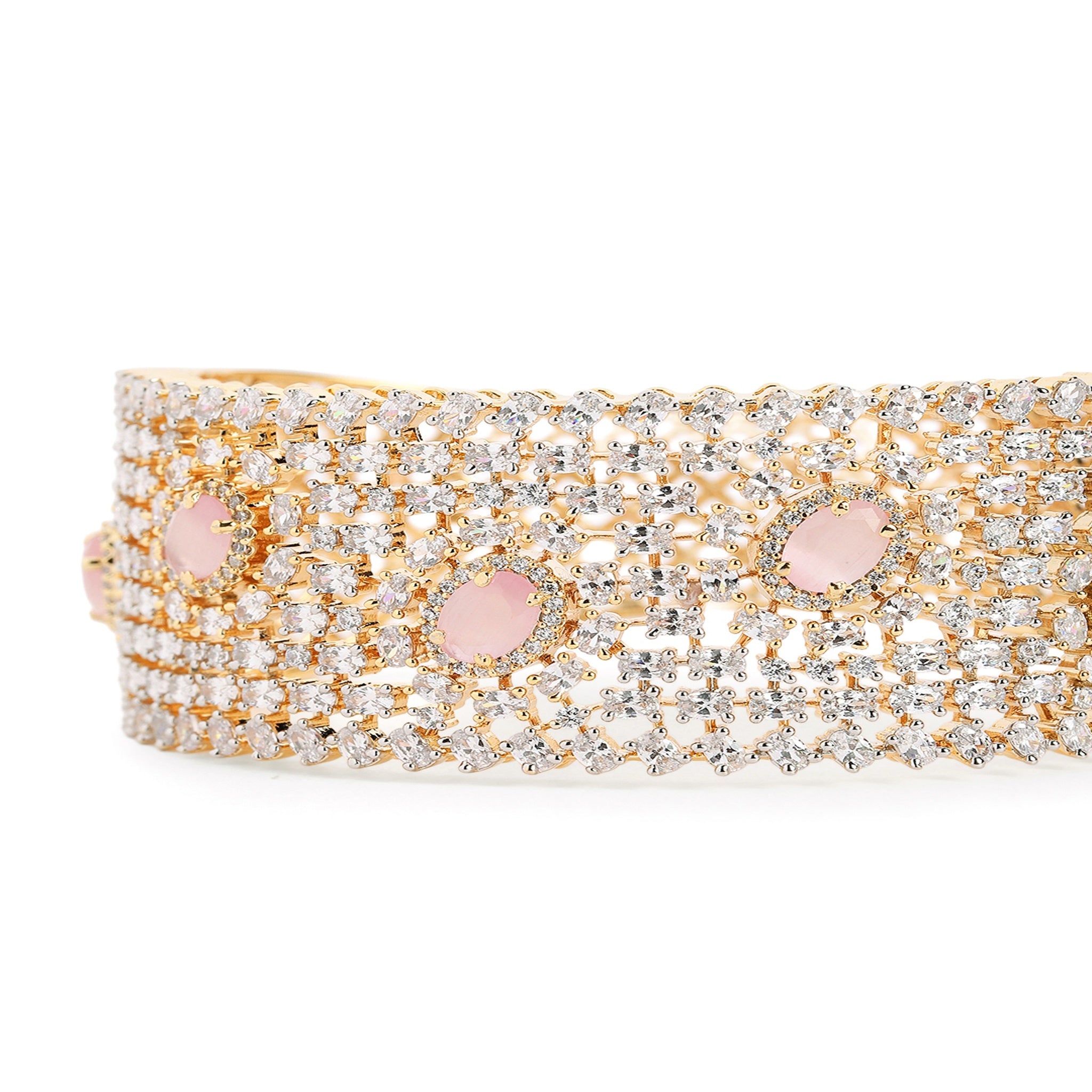 Women Gold-Plated Cubic Zirconia Studded Kada Bracelet-Pink