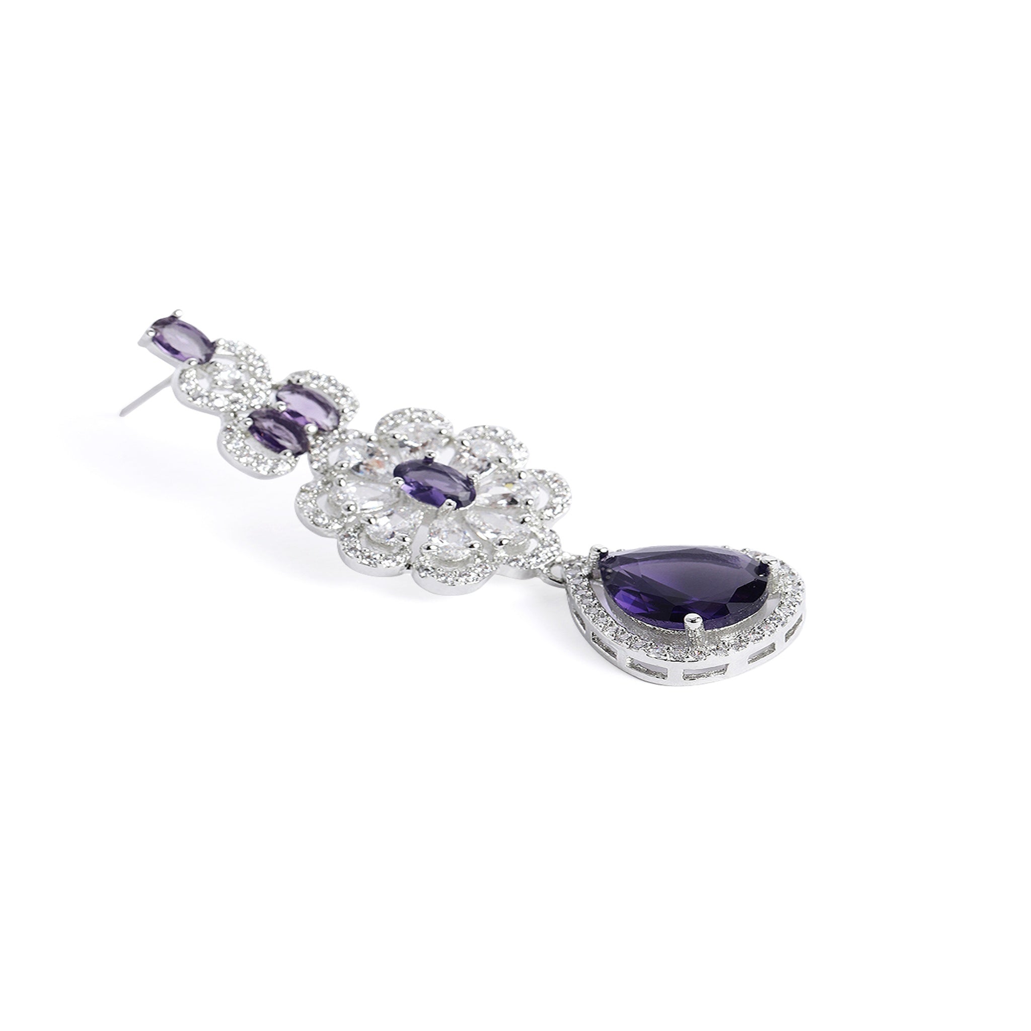 Rhodium-Plated Silver-Toned & Purple AD-Studded Jewellery Set