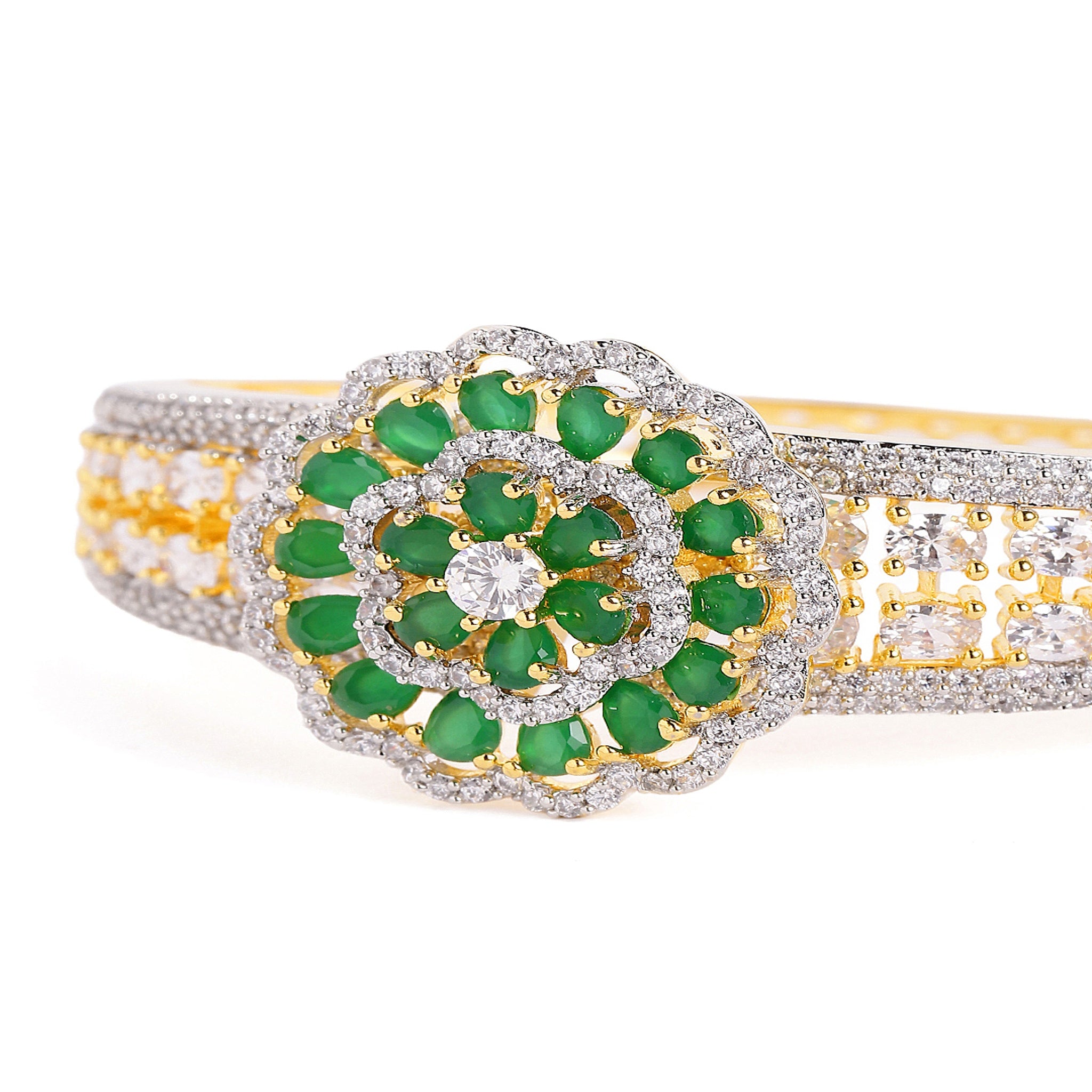 Women Cubic Zirconia Gold-Plated Kada Bracelet-Green