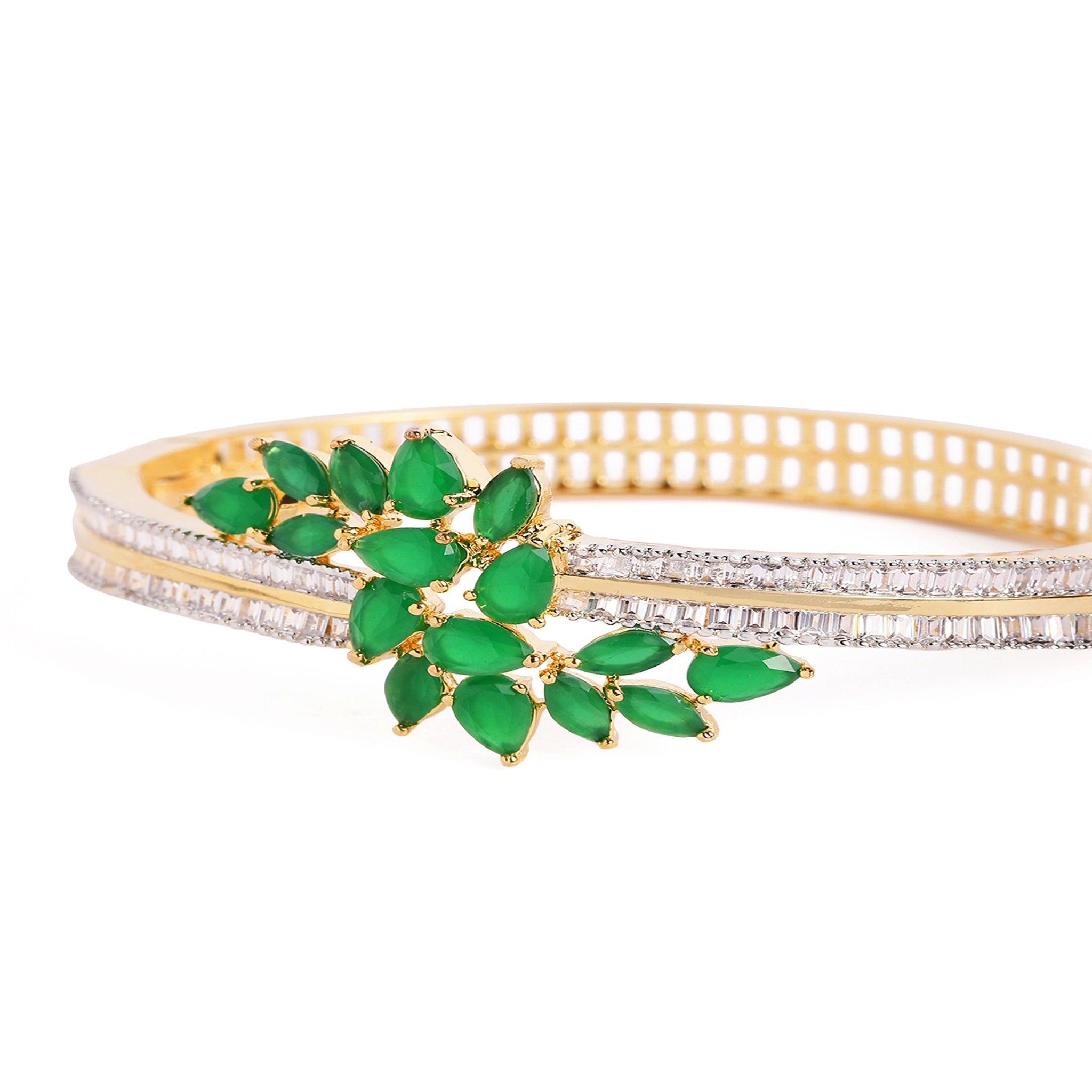 Women Cubic Zirconia Gold-Plated Kada Bracelet-Green