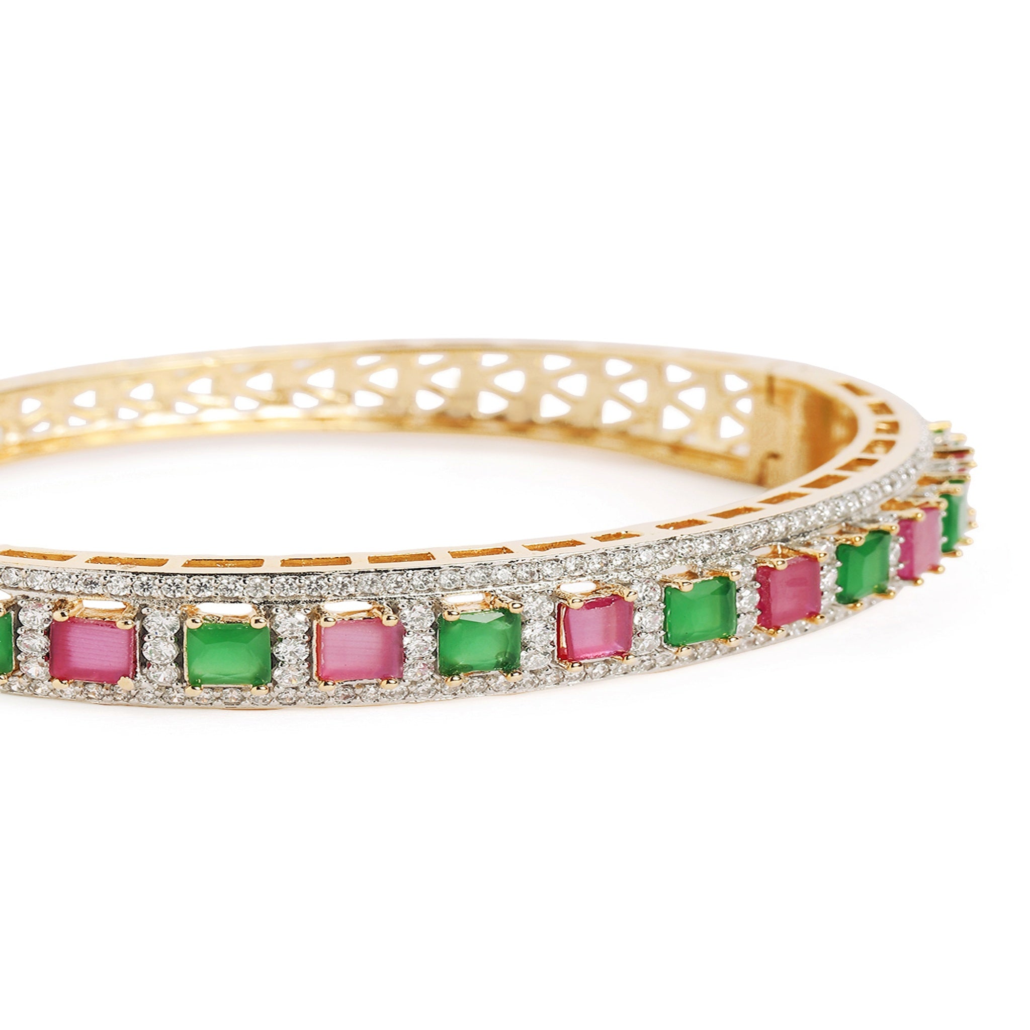 Women Cubic Zirconia Gold-Plated Kada Bracelet-Rubygreen