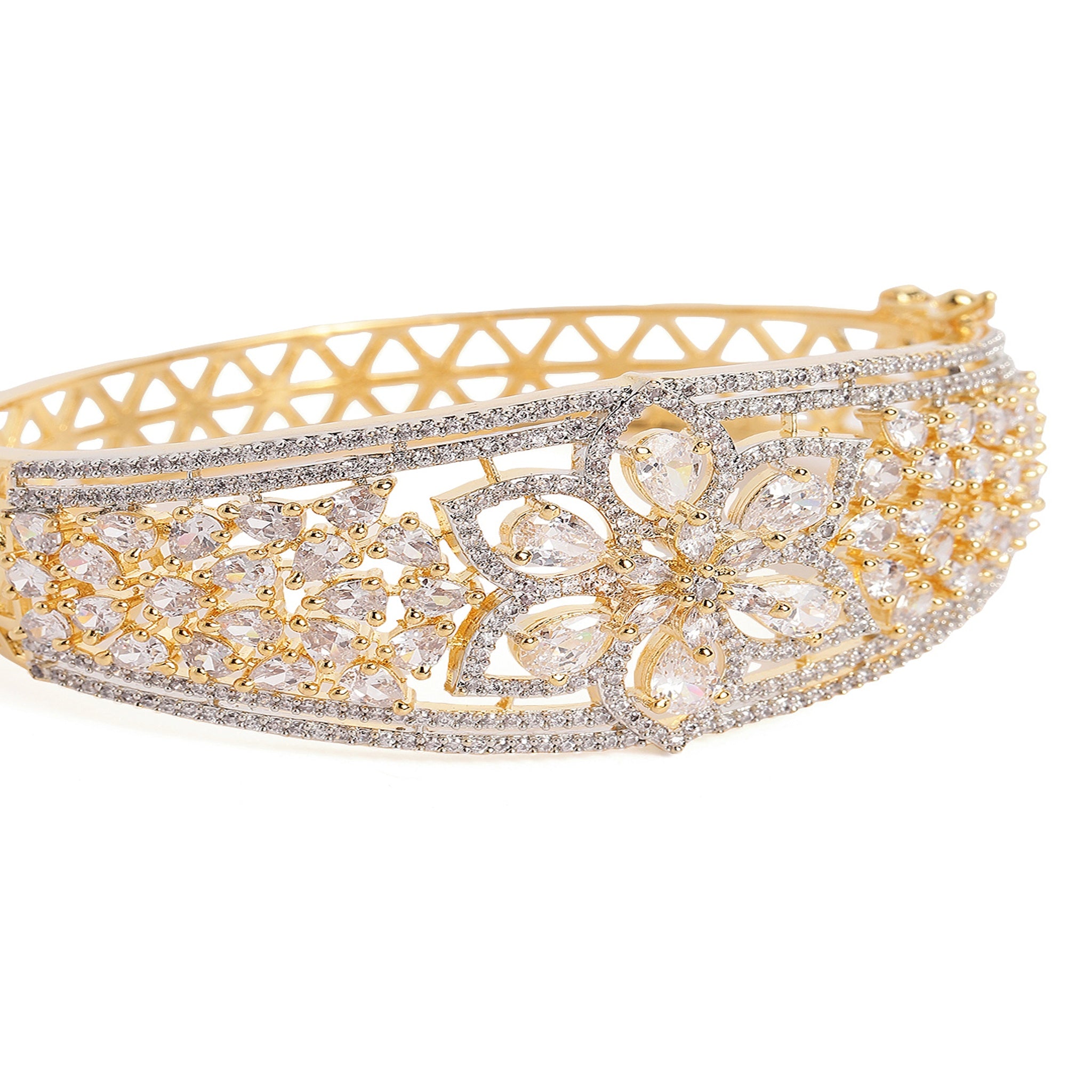Women Cubic Zirconia Gold-Plated Kada Bracelet White-White