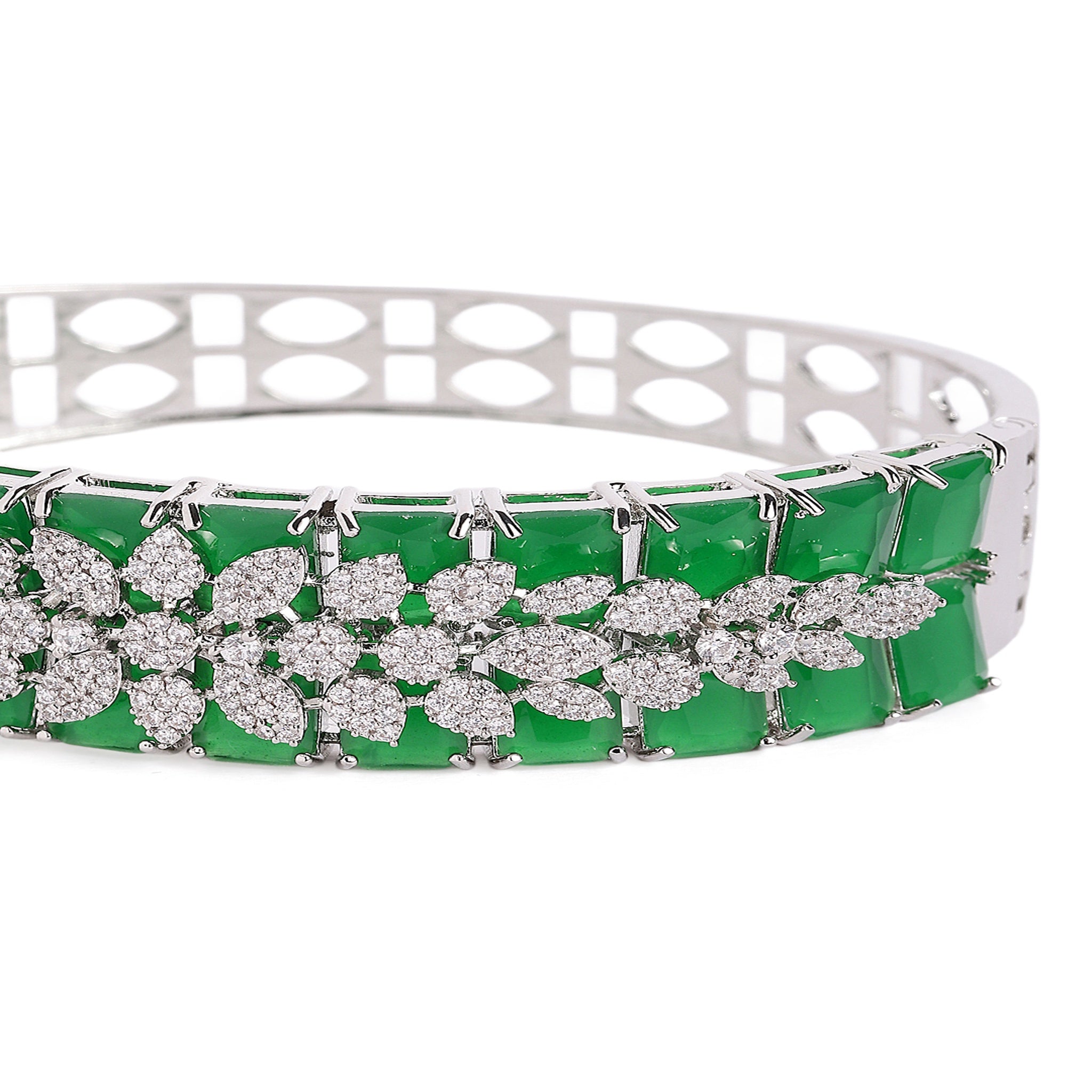 Women Cubic Zirconia Rhodium-Plated Kada Bracelet-Green