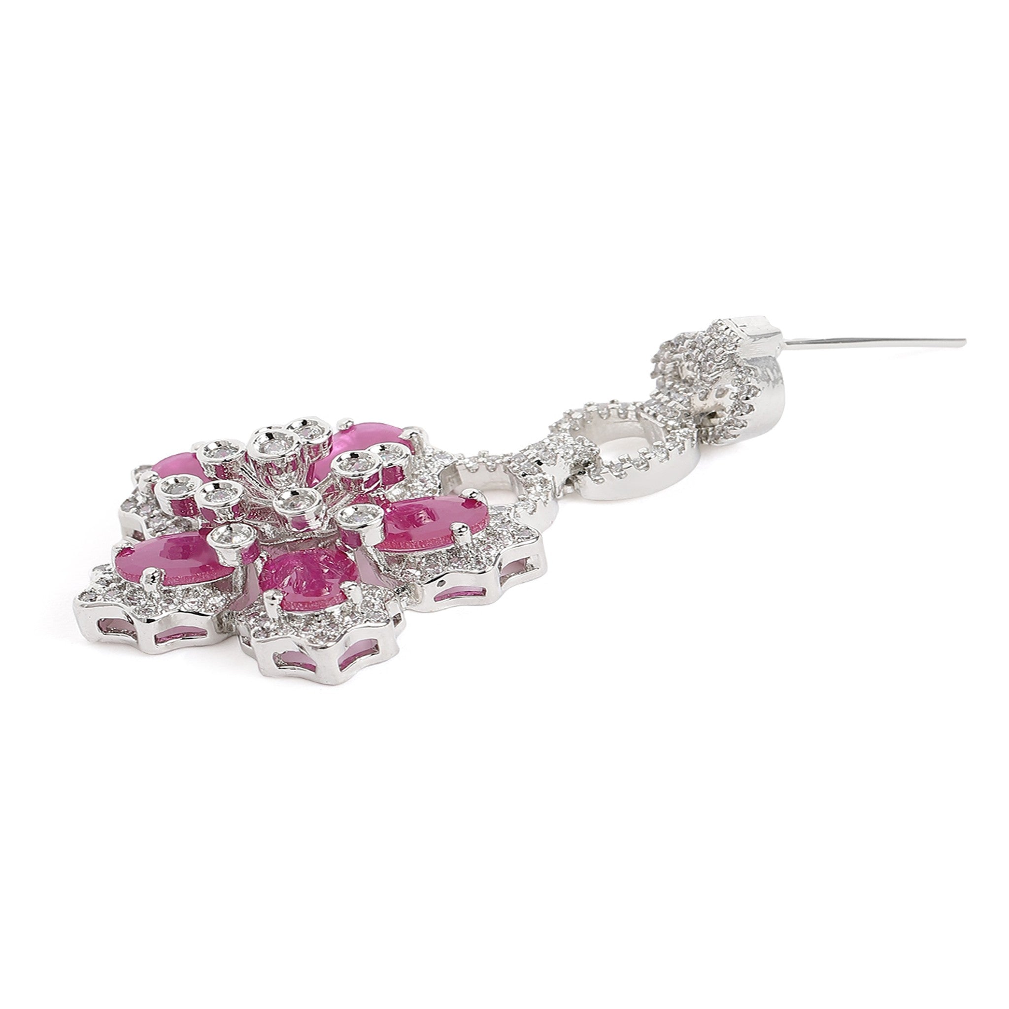 Rhodium-Plated Silver-Toned & White & Ruby AD-Studded Jewellery Set