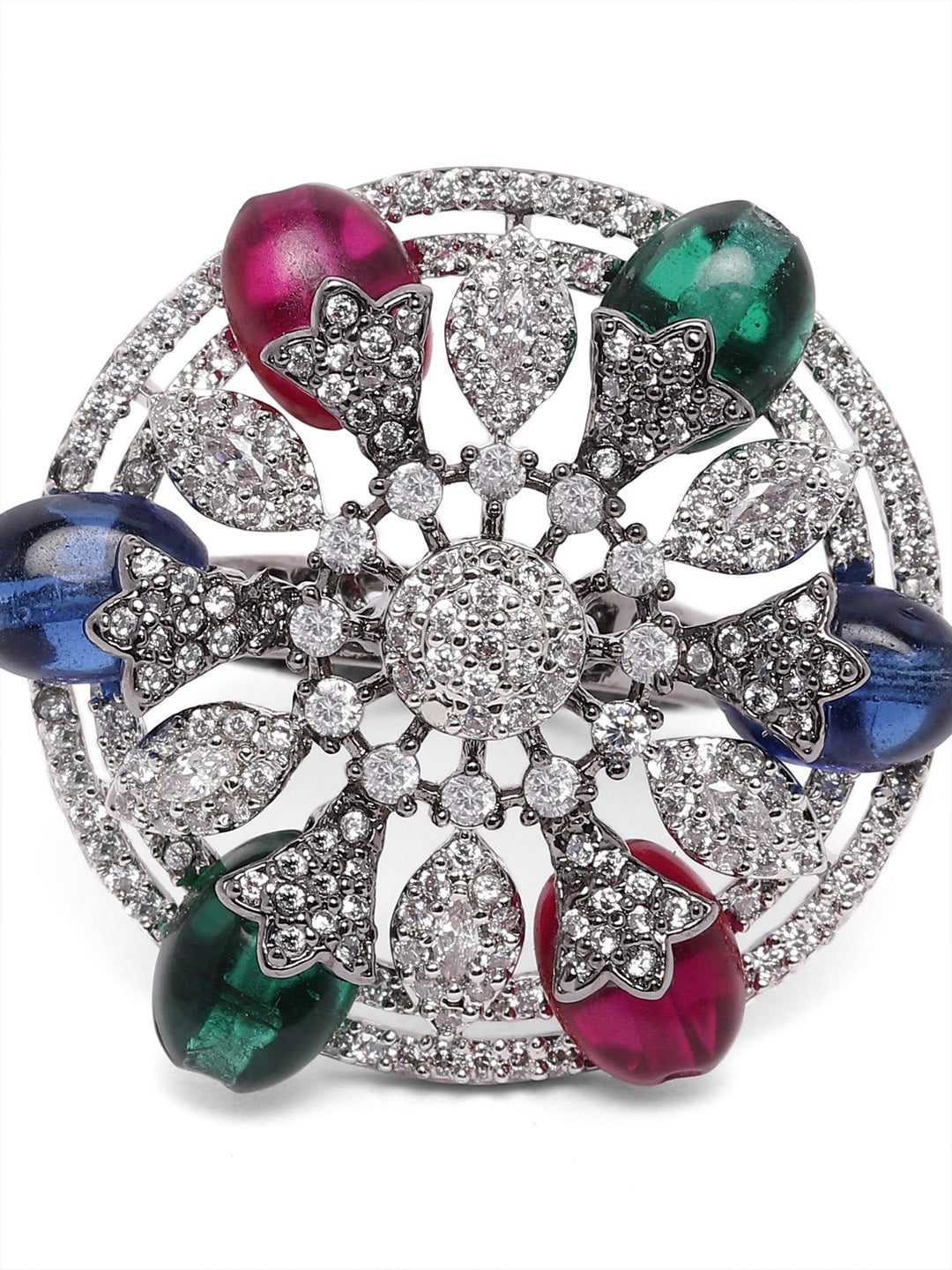 Lavish Giftz Adjustable Cubic Zirconia Rani Green Blue Statement Ring With Black Plating