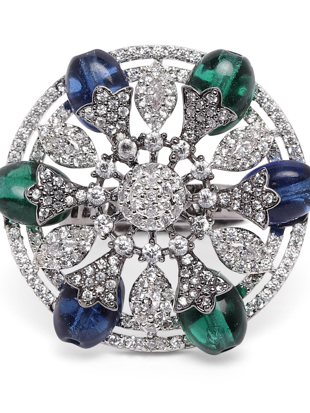 Lavish Giftz Adjustable Cubic Zirconia Blue Green Statement Ring With Black Plating