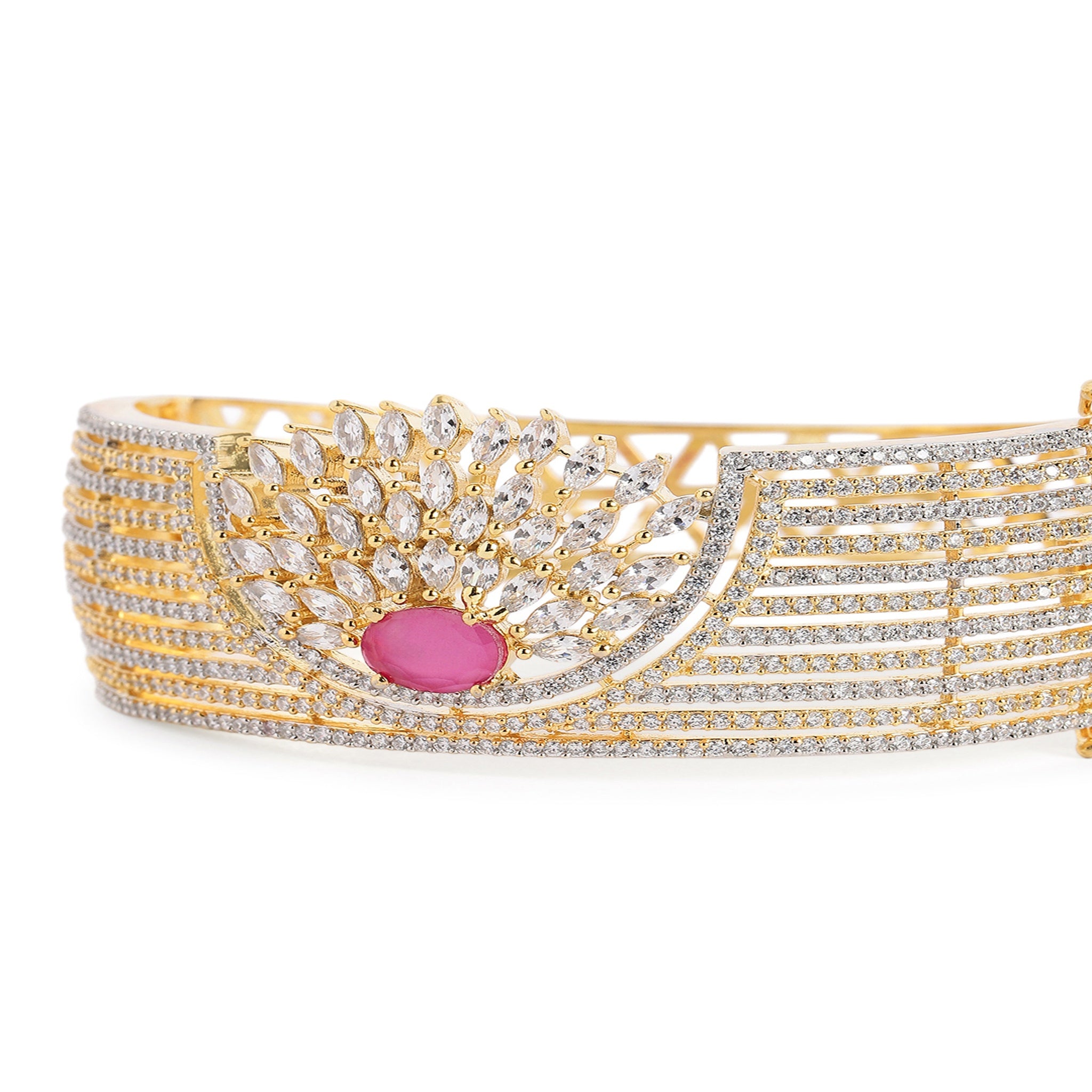 Women Cubic Zirconia Gold-Plated Kada Bracelet-Ruby