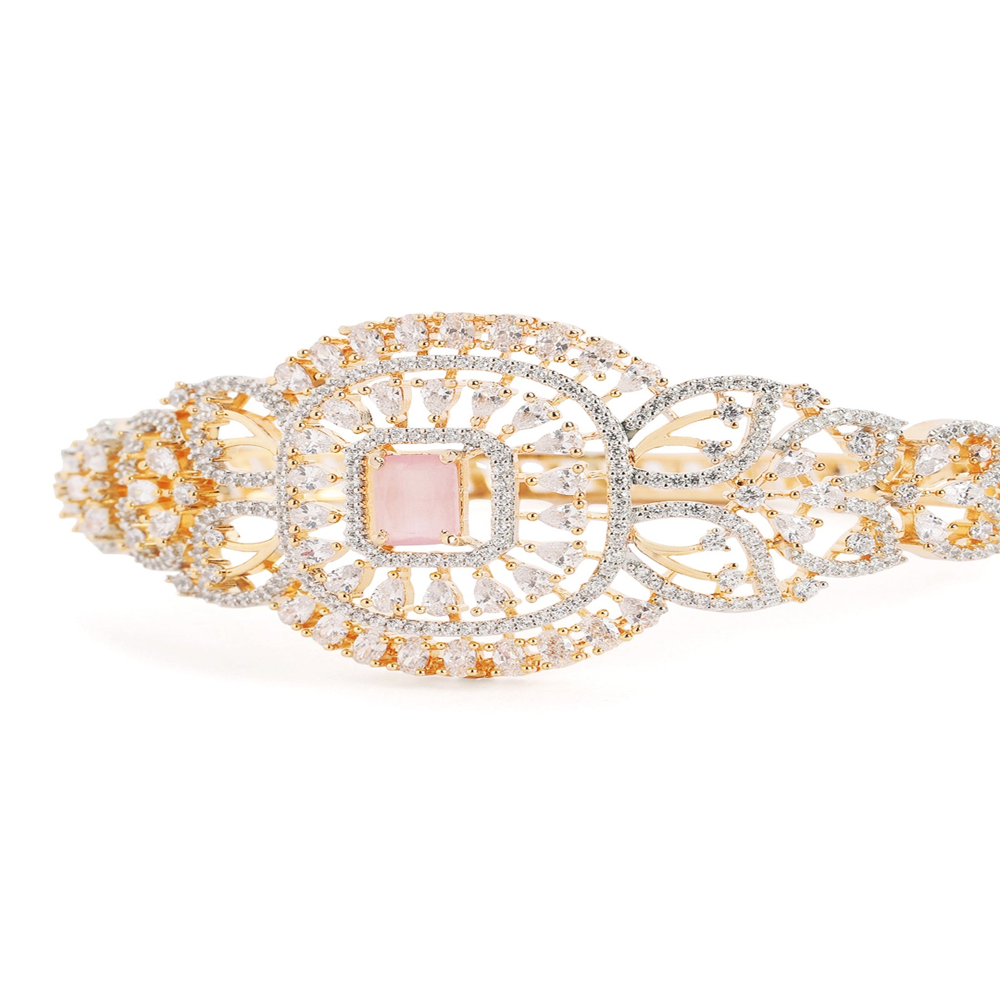 Women Gold-Plated Cubic Zirconia Studded Kada Bracelet-Pink