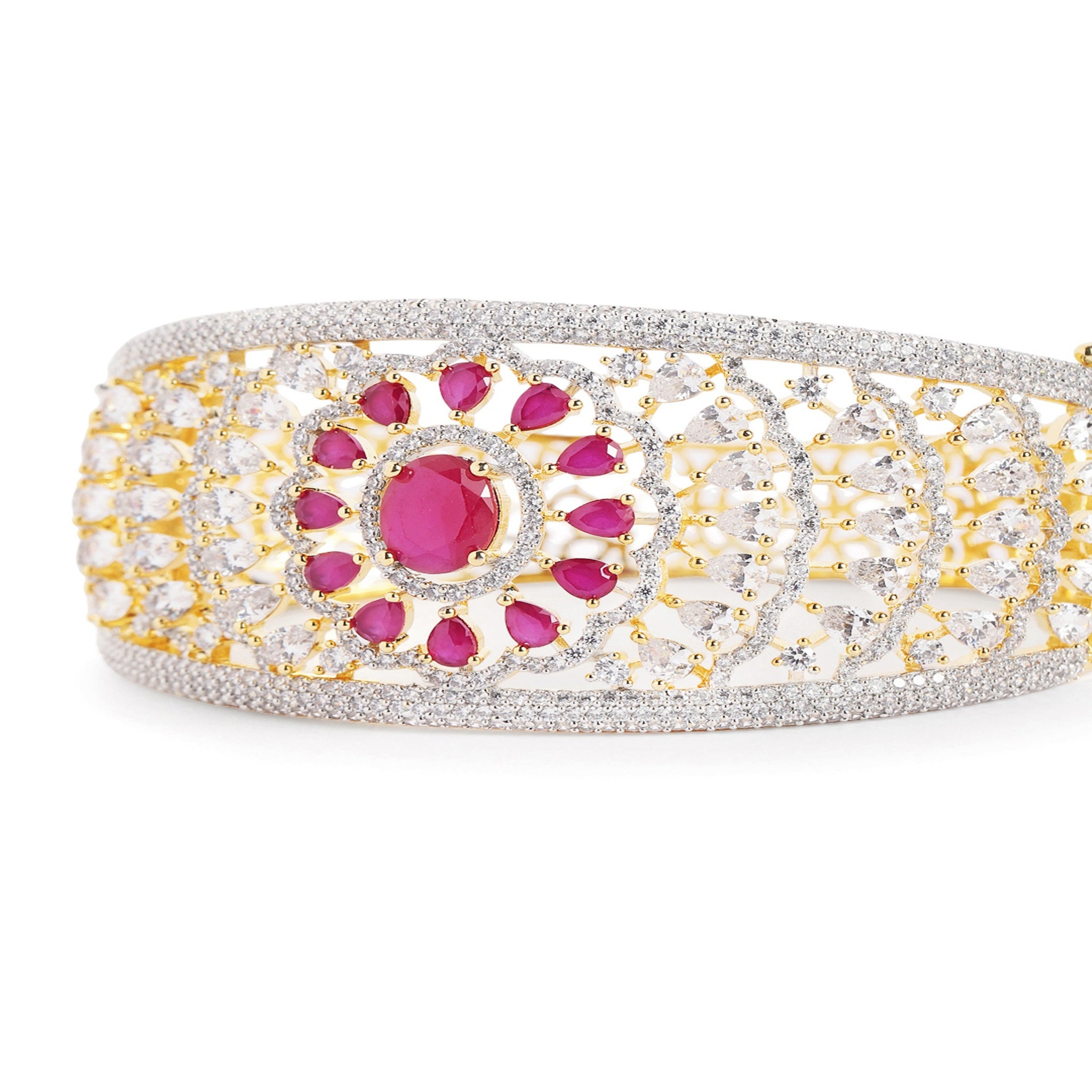 Women Cubic Zirconia Gold-Plated Kada Bracelet-Ruby