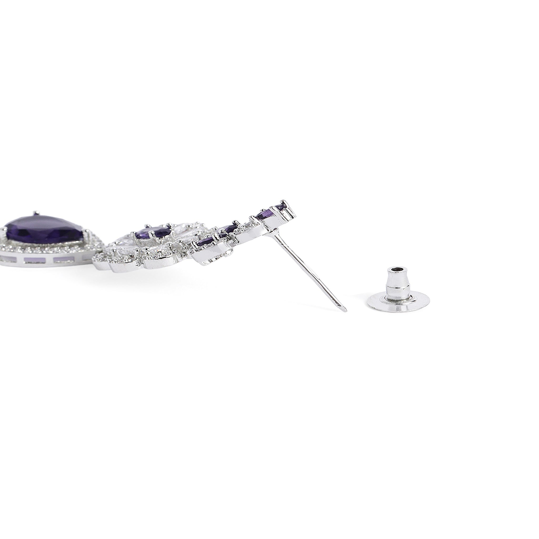 Rhodium-Plated Silver-Toned & Purple AD-Studded Jewellery Set