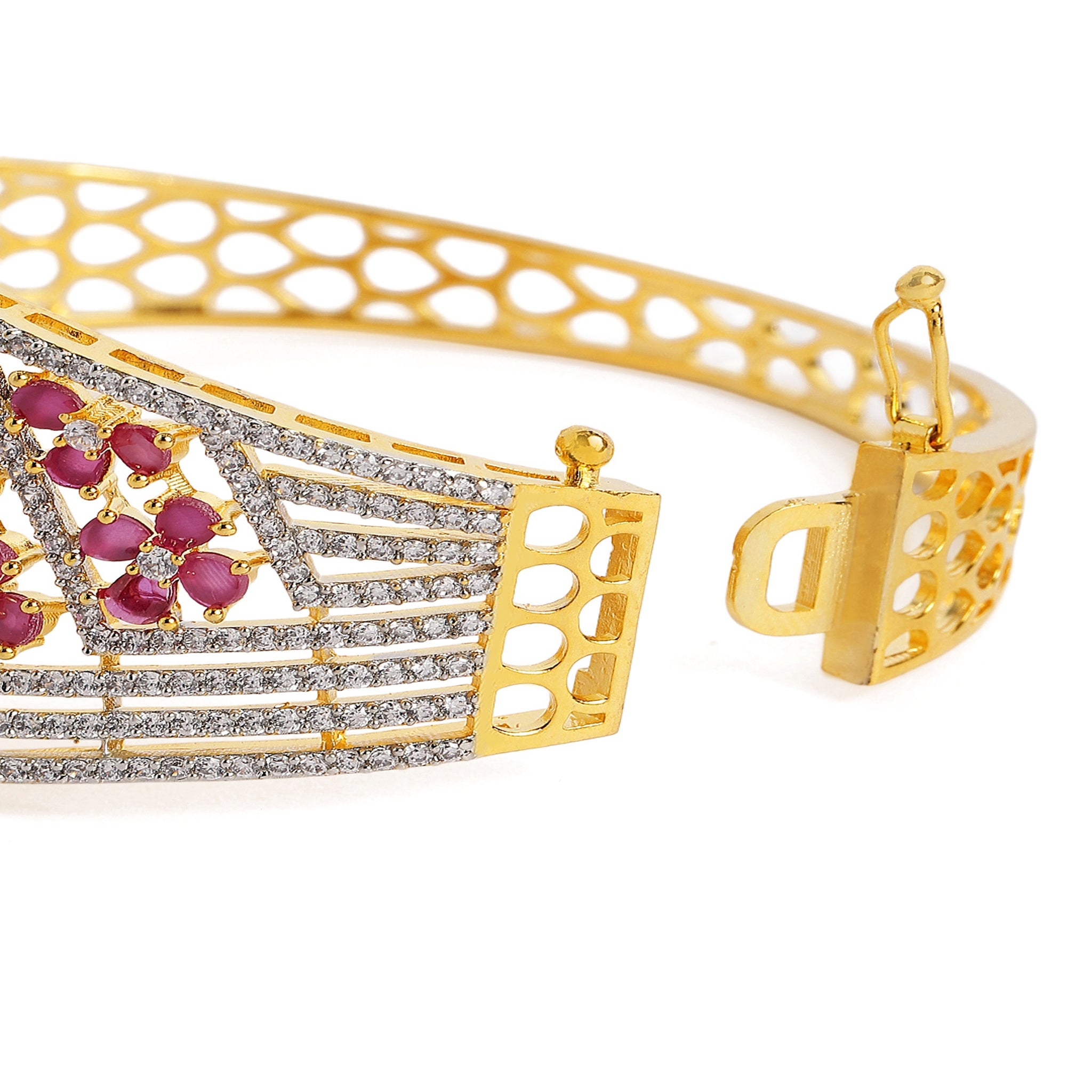 Cubic Zirconia Gold-Plated Kada Bracelet-Ruby