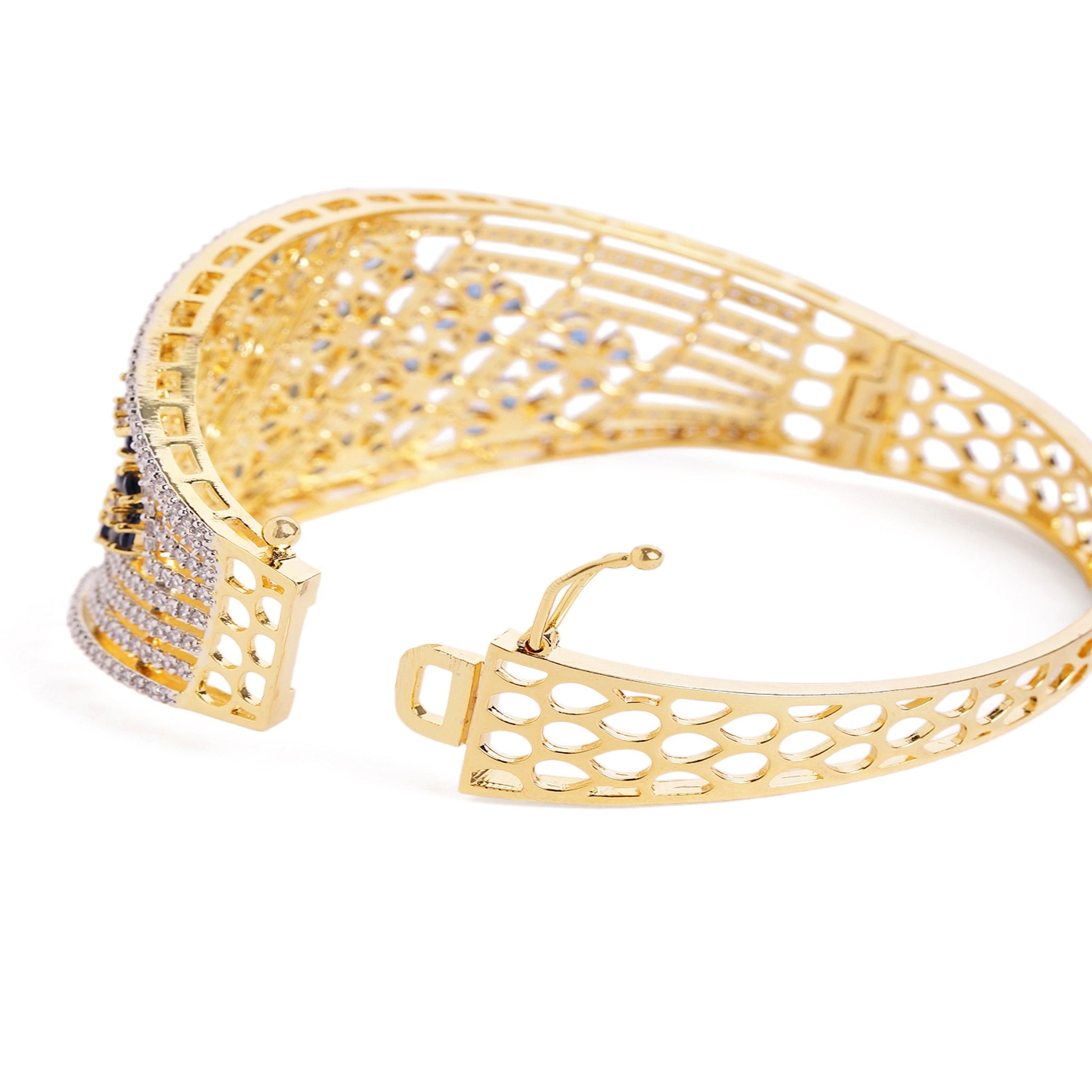 Women Cubic Zirconia Gold-Plated Kada Bracelet Blue-Blue