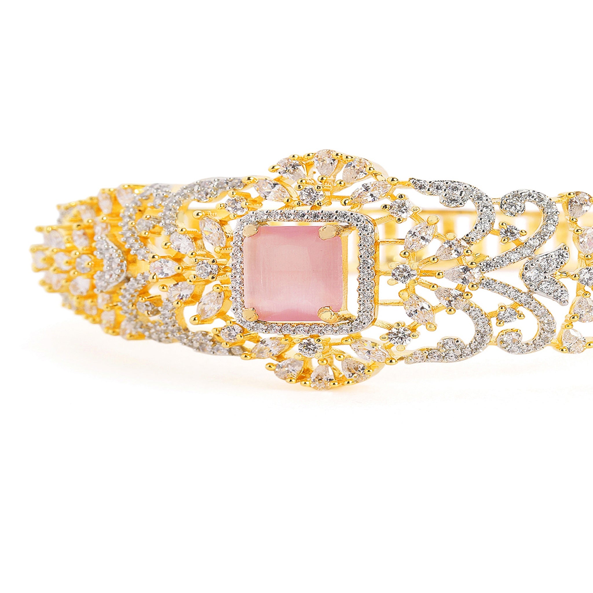 Women Gold-Plated Cubic Zirconia Studded Kada Bracelet-Pink
