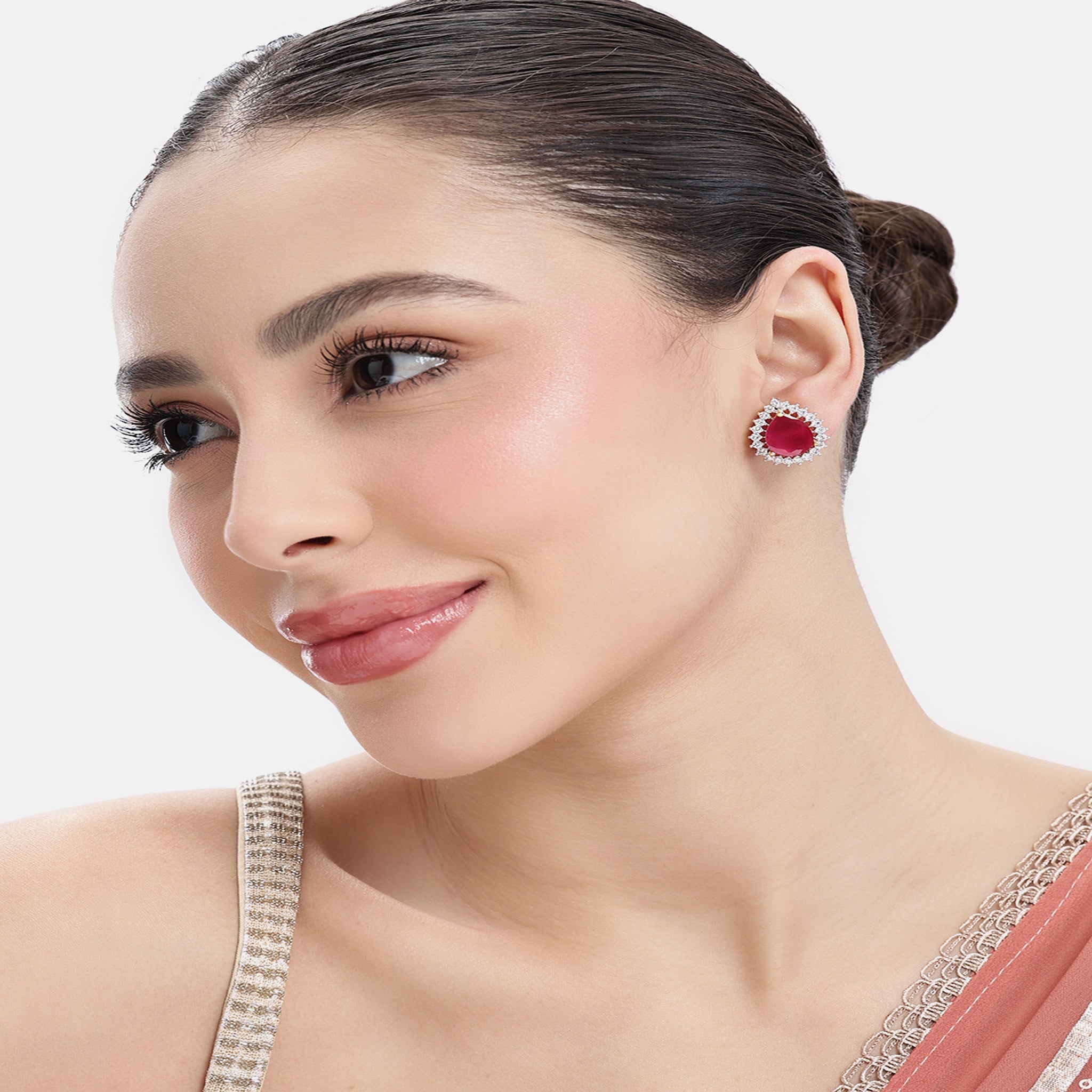Gold Plated Ruby American Diamond Stud Earrings