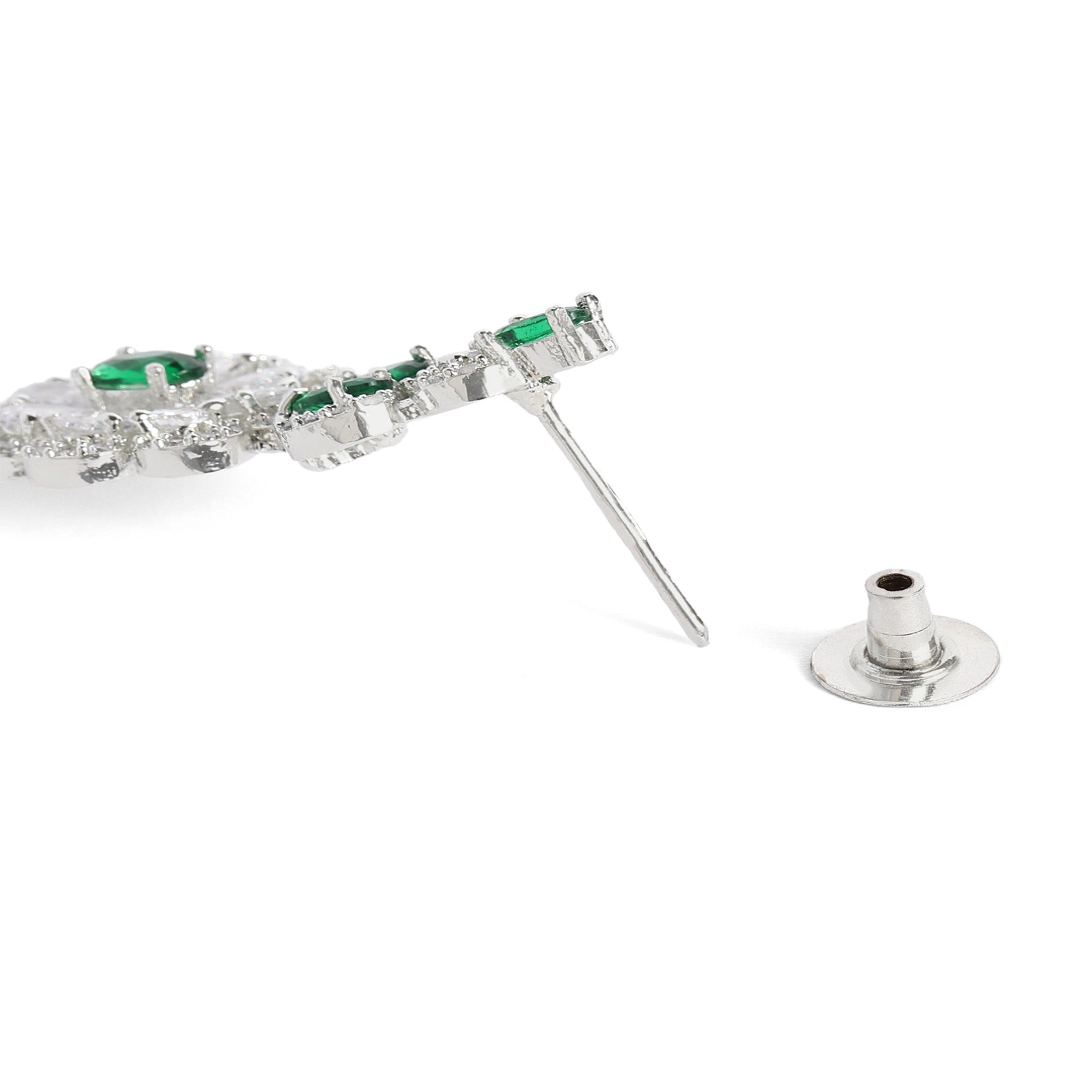 Rhodium-Plated Silver-Toned & Green AD-Studded Jewellery Set