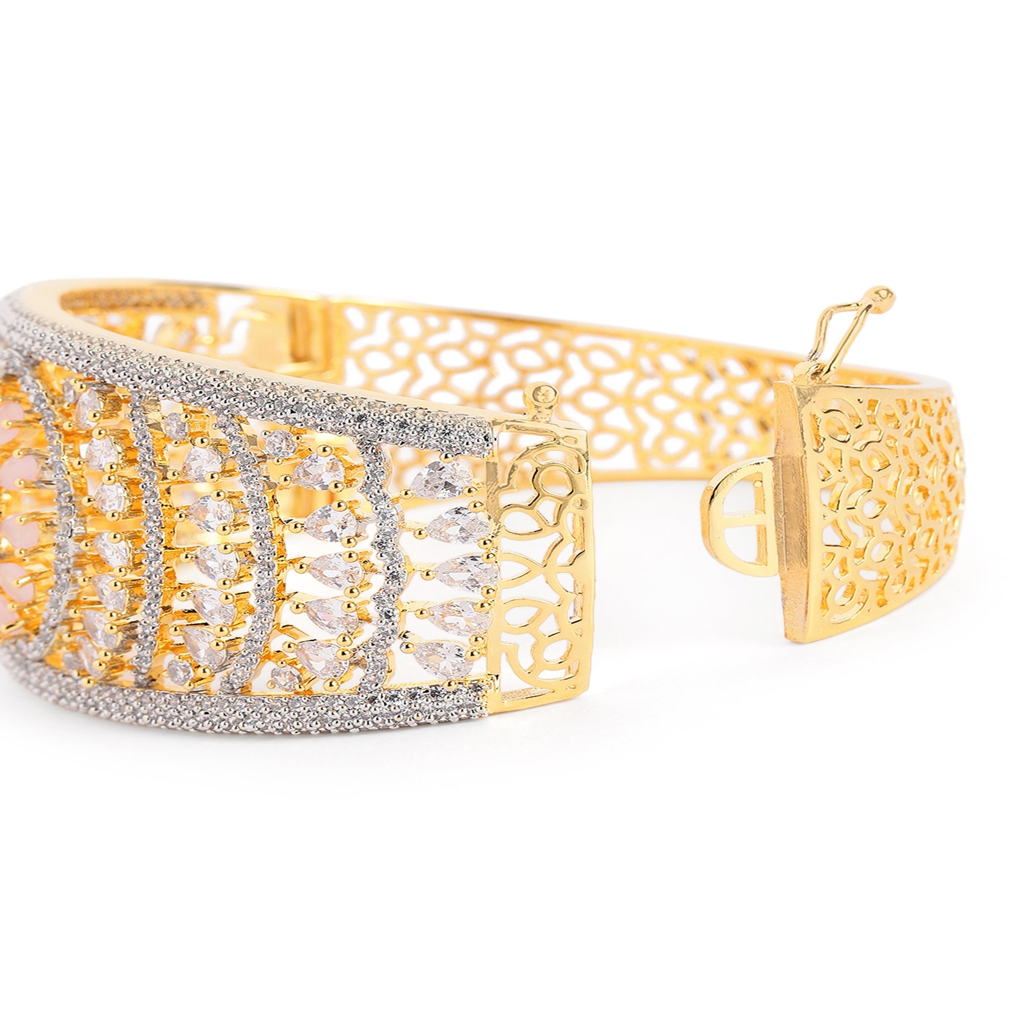 Women Gold-Plated Cubic Zirconia Studded Kada Bracelet-Pink