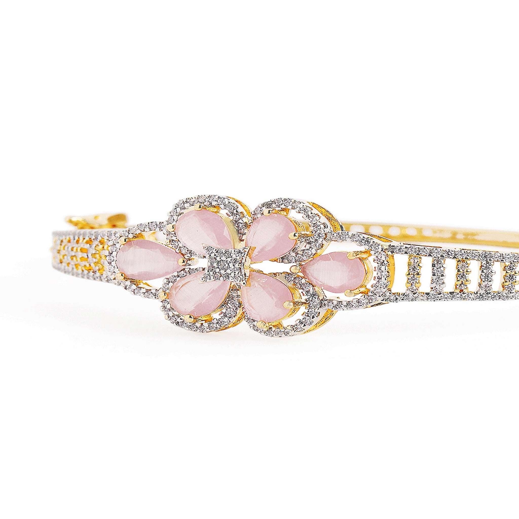 Women Gold-Plated Cubic Zirconia Studded Kada Bracelet-Pink