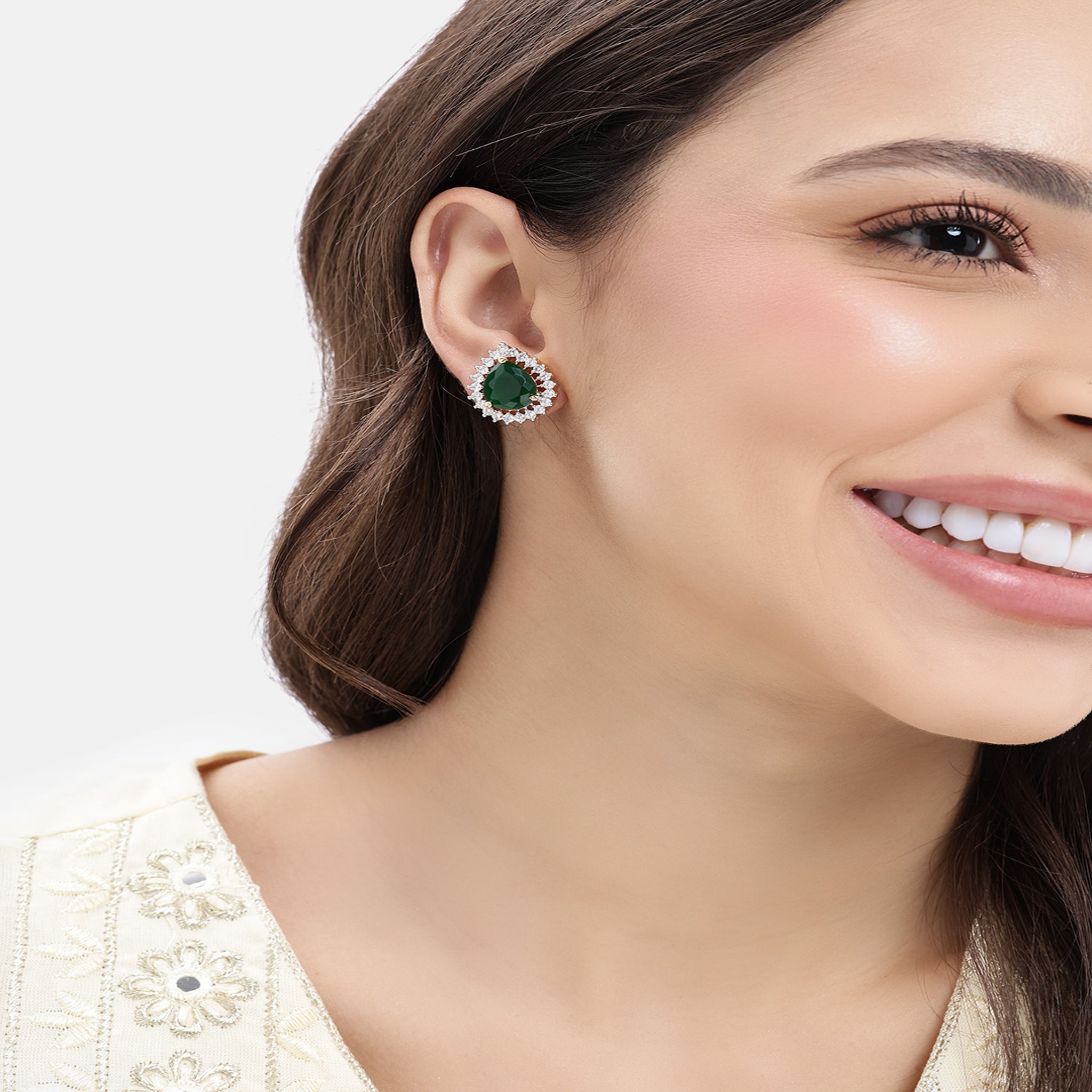 Gold Plated Green American Diamond Stud Earrings
