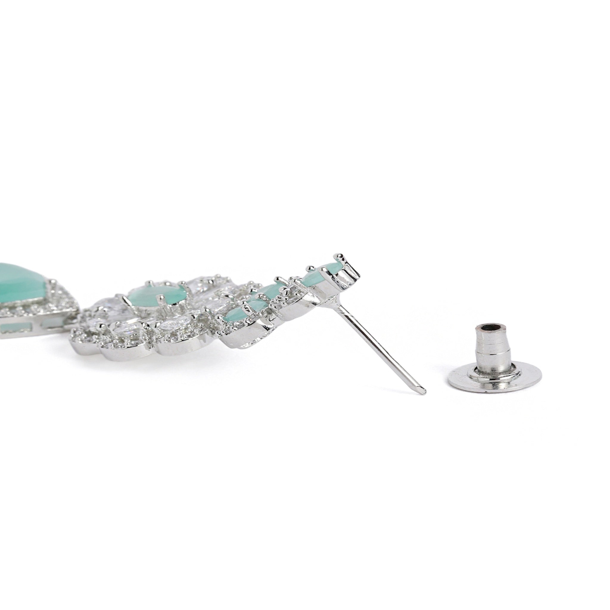 Rhodium-Plated Silver-Toned & Mint AD-Studded Jewellery Set