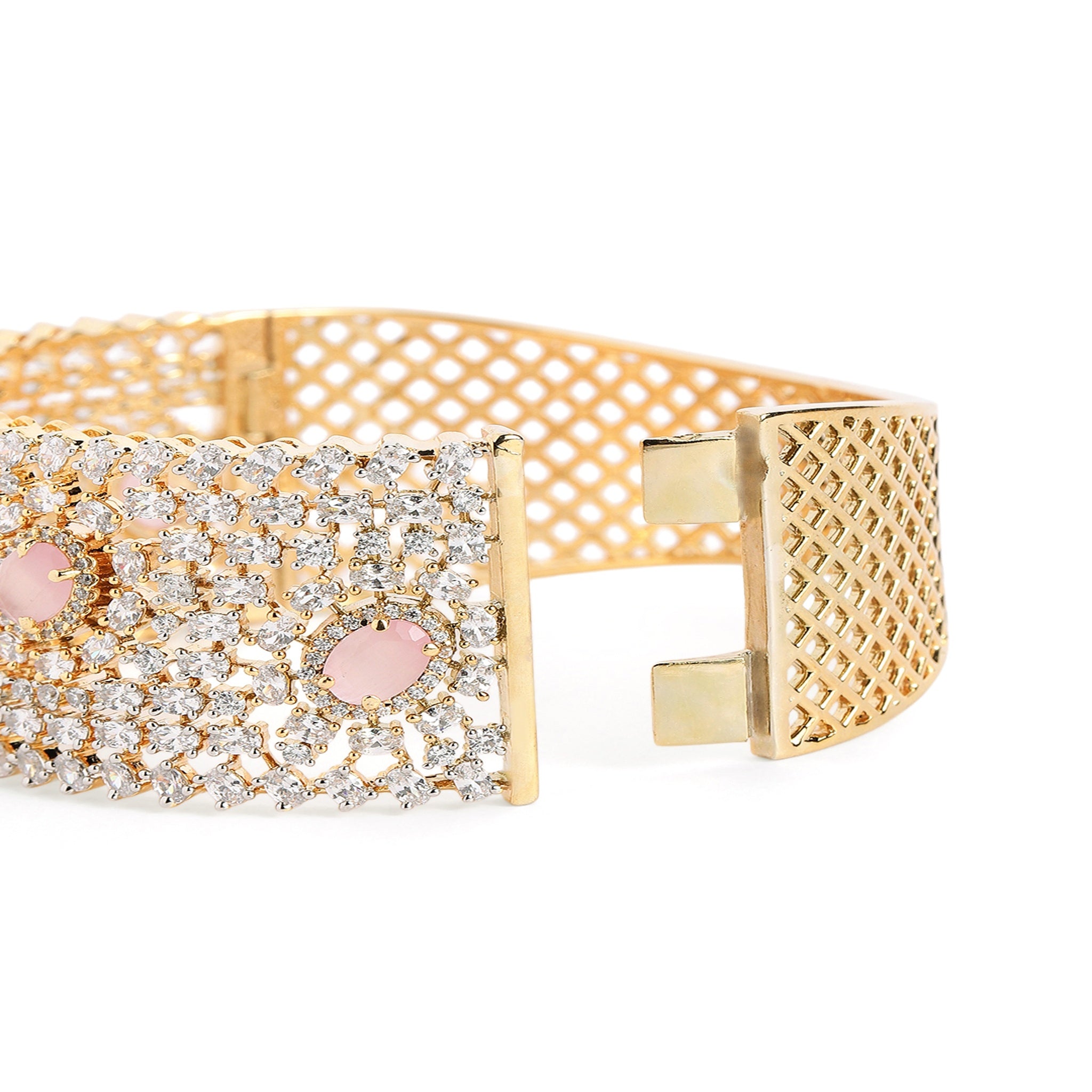 Women Gold-Plated Cubic Zirconia Studded Kada Bracelet-Pink