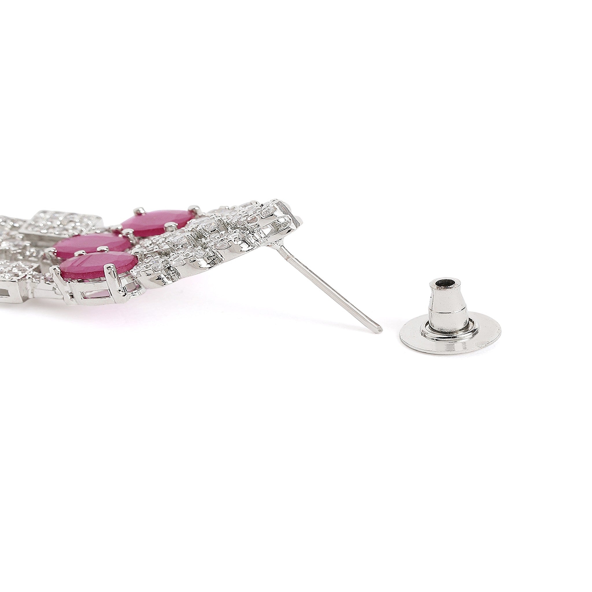 Rhodium-Plated Silver-Toned & Ruby AD-Studded Jewellery Set