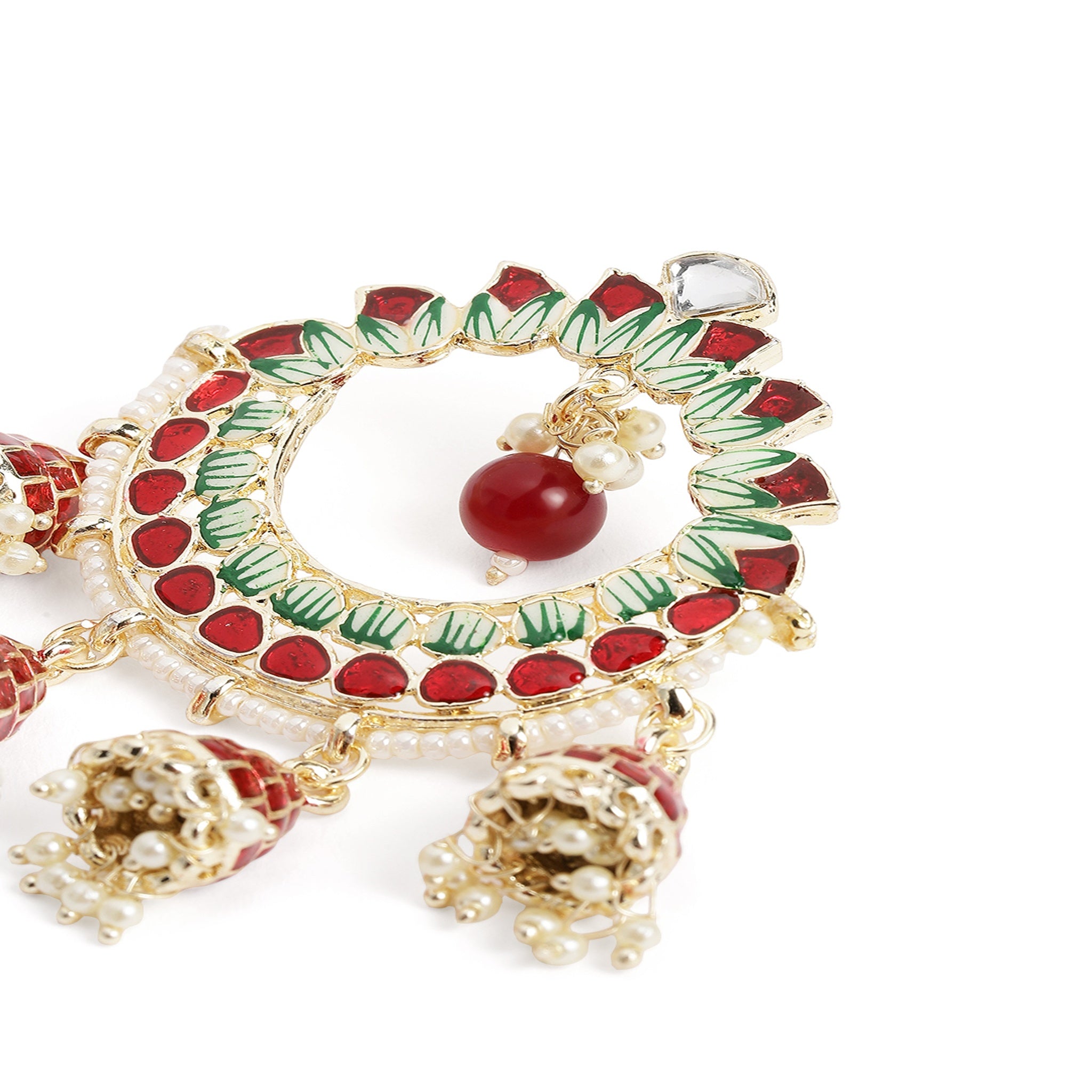 Classic Maroon Green Gold-Plated Cresent Shaped Drop Earrings