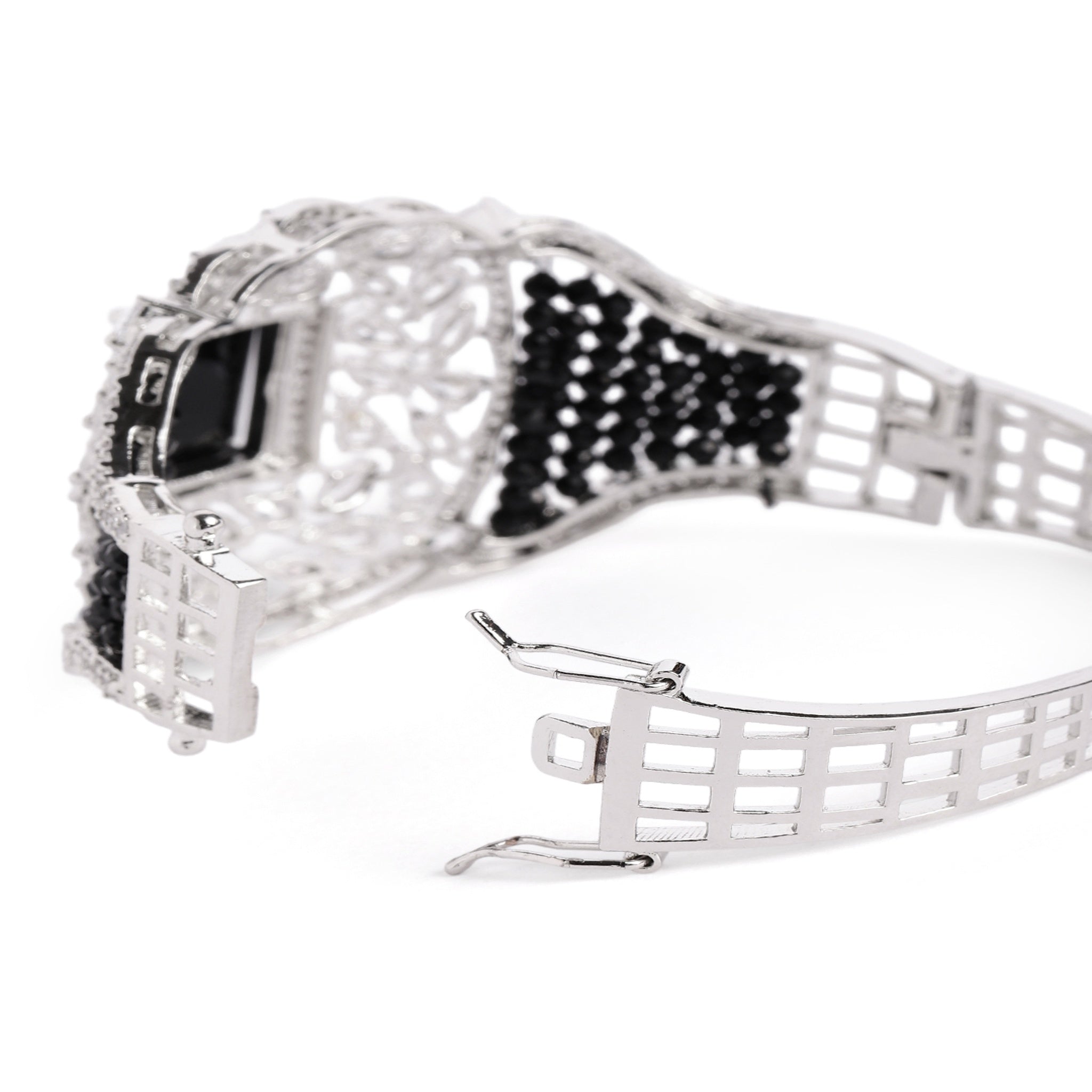 Women Cubic Zirconia Handcrafted Rhodium-Plated Kada Bracelet-Black