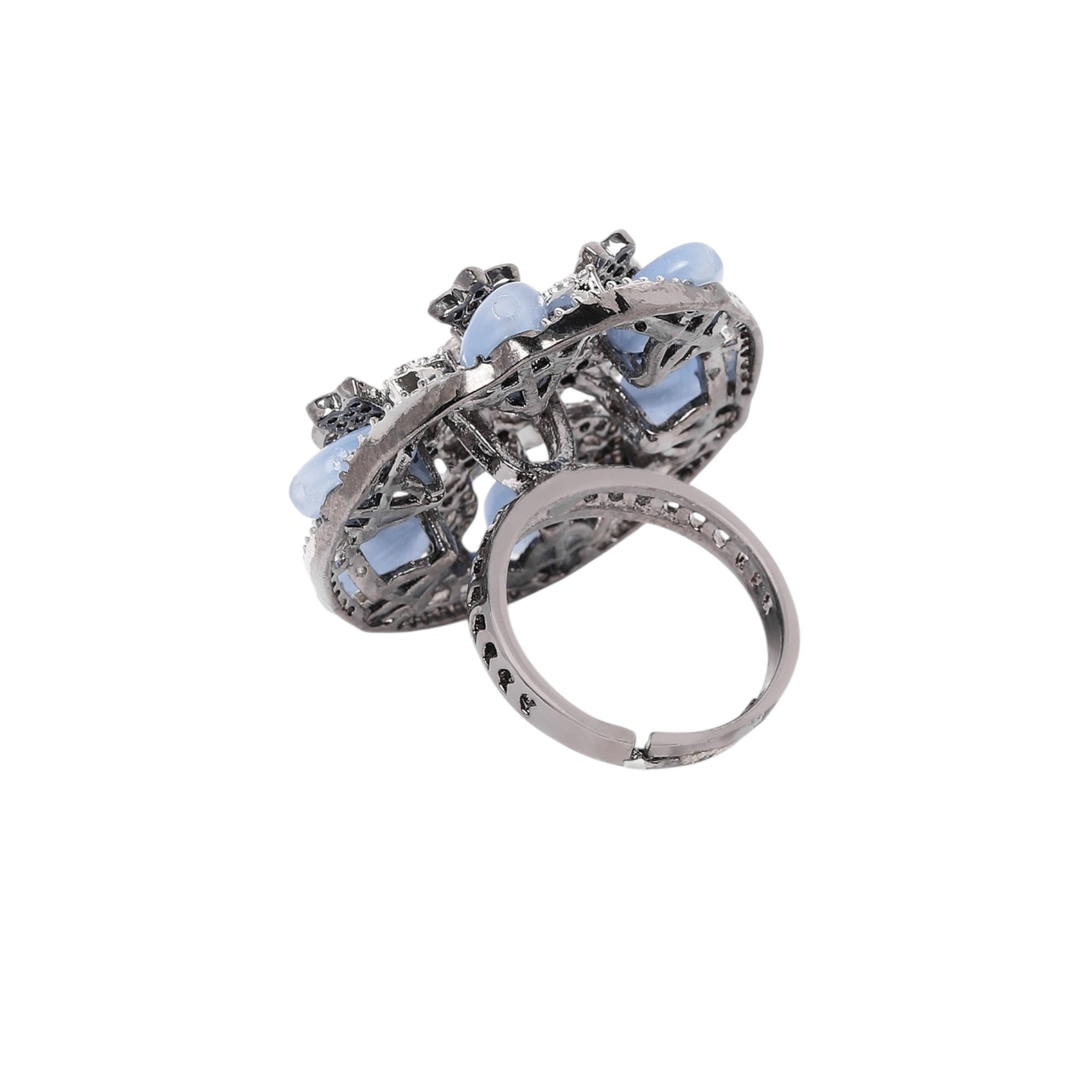 Lavish Giftz Adjustable Cubic Zirconia Light Blue Statement Ring With Black Plating