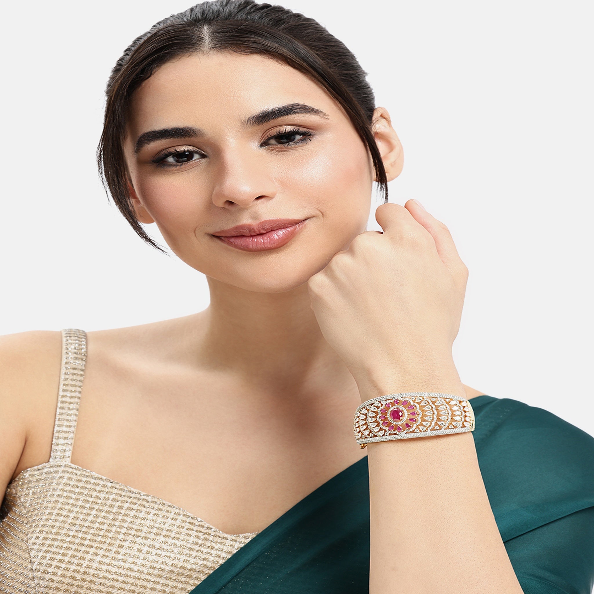 Women Cubic Zirconia Gold-Plated Kada Bracelet-Ruby