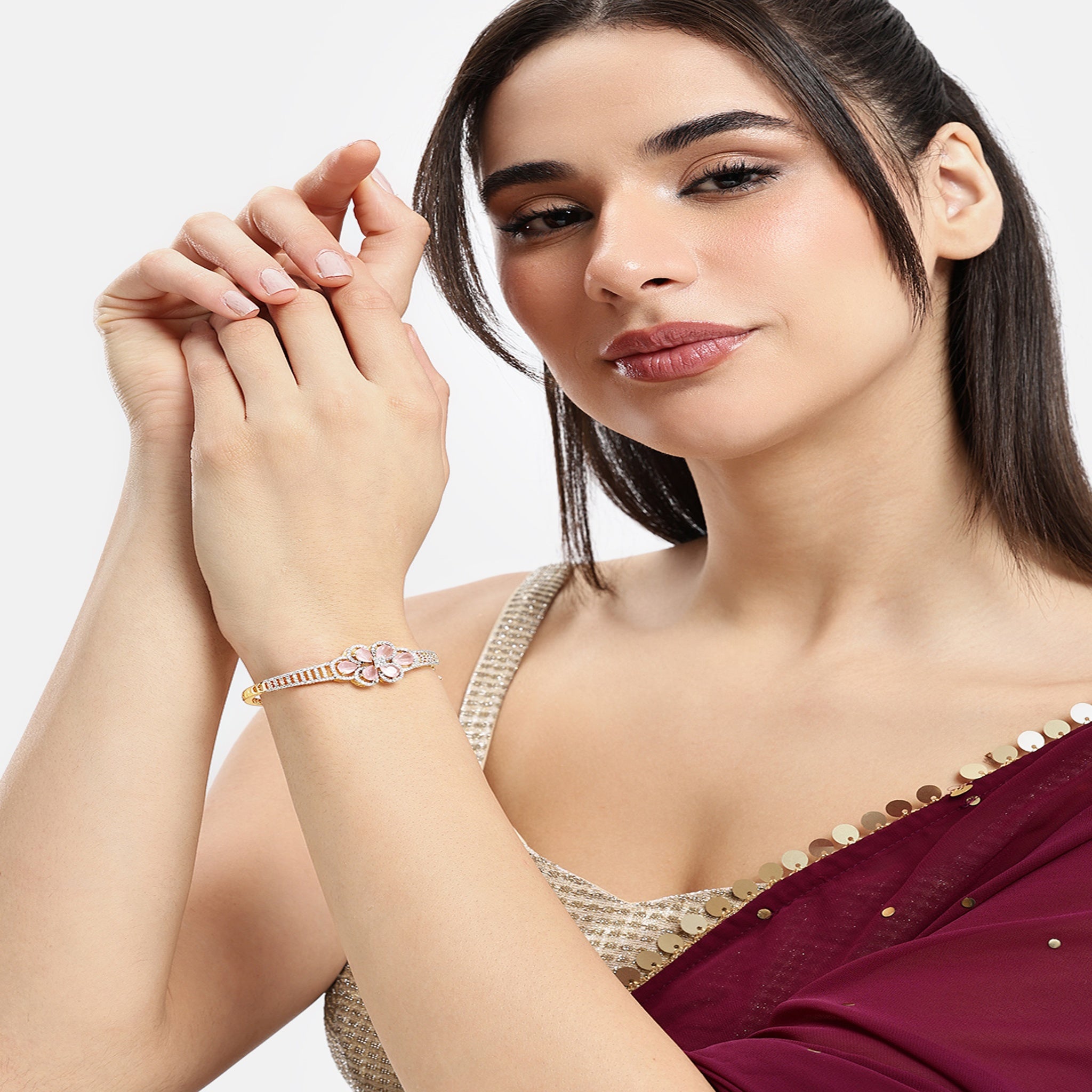 Women Gold-Plated Cubic Zirconia Studded Kada Bracelet-Pink