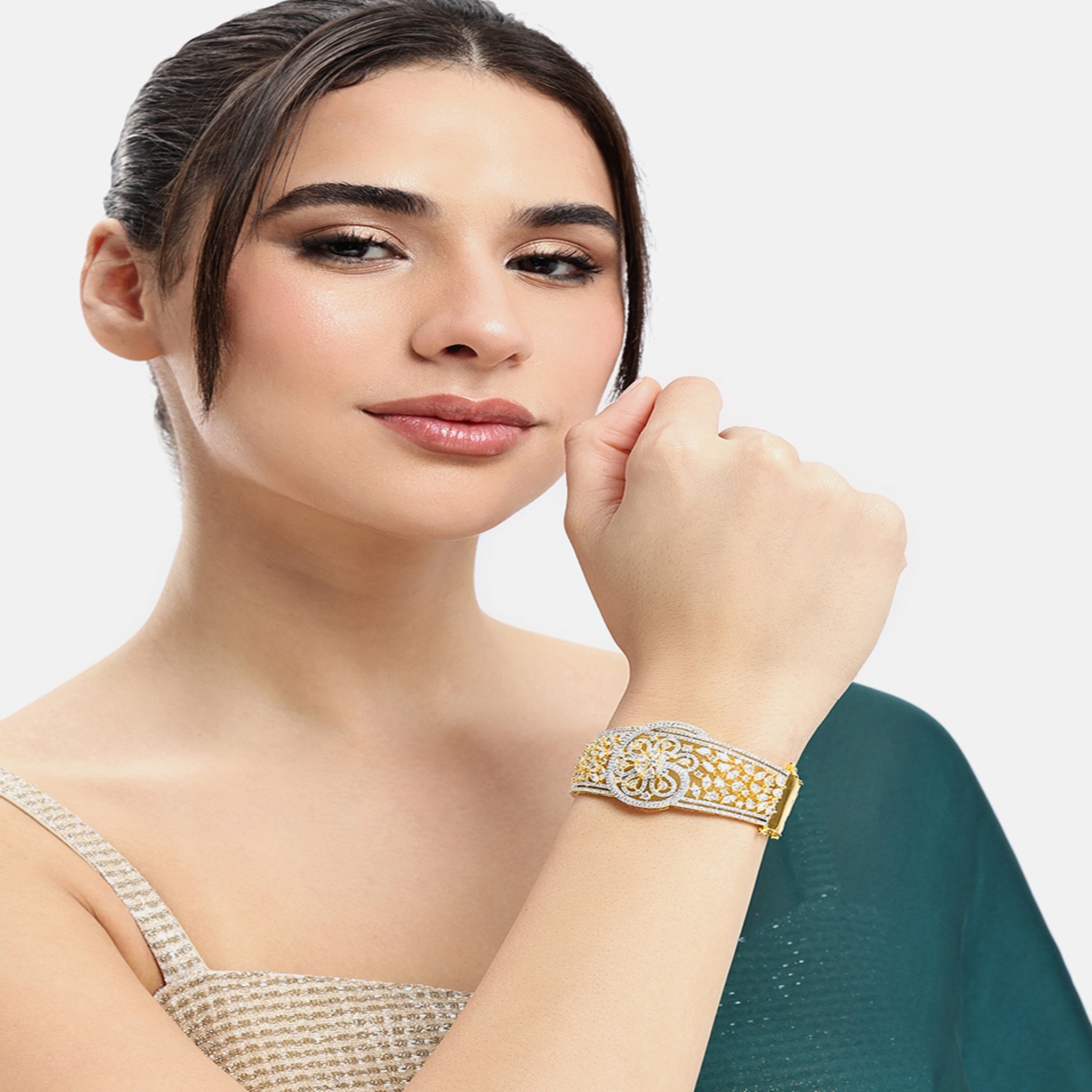 Women Cubic Zirconia Gold-Plated Kada Bracelet-2Tone
