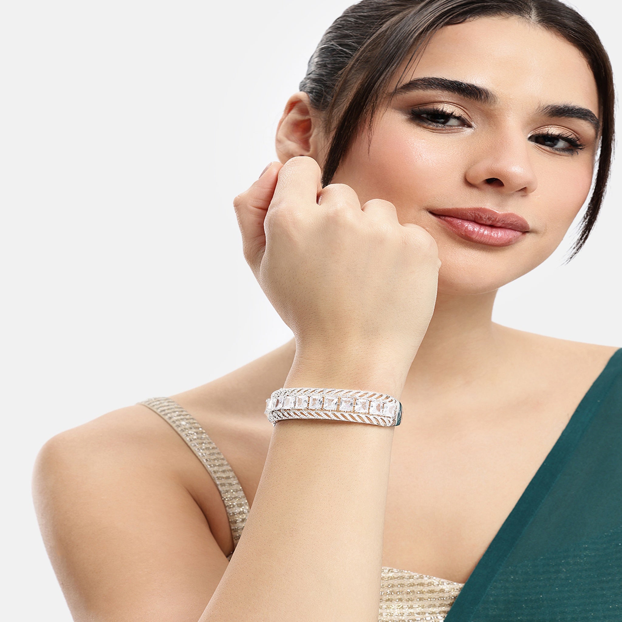 Women Cubic Zirconia Rhodium-Plated Kada Bracelet-White