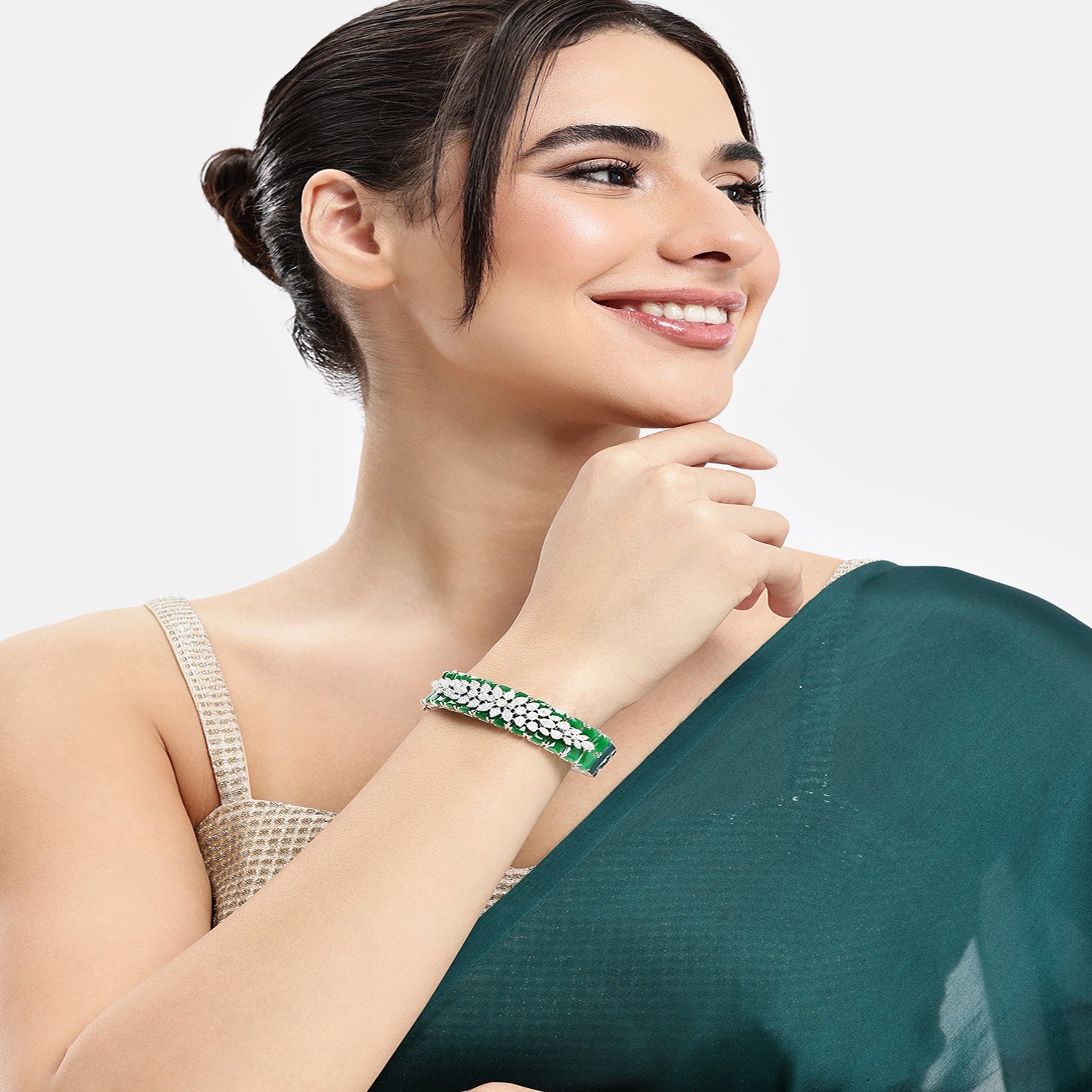 Women Cubic Zirconia Rhodium-Plated Kada Bracelet-Green