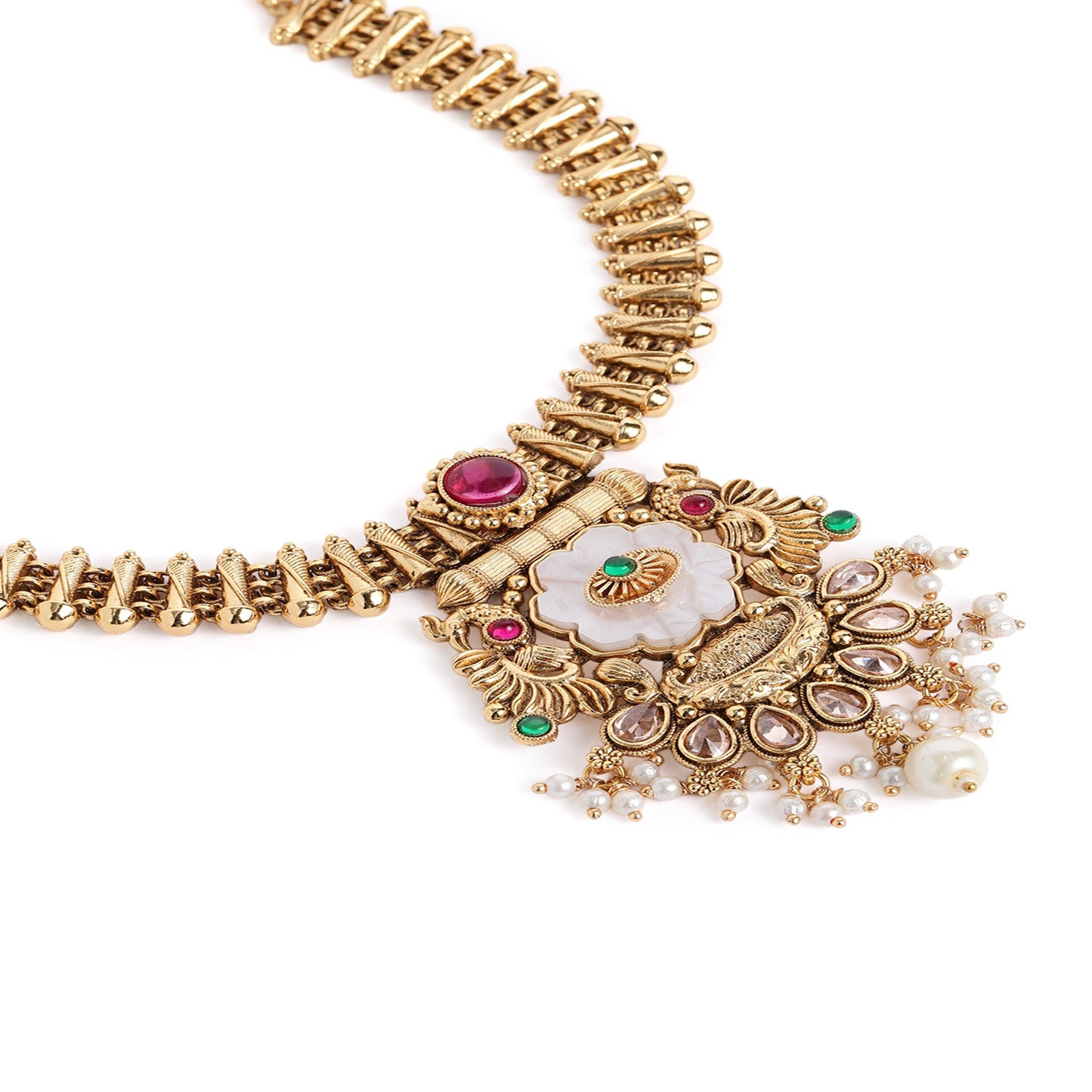 Gold Plated Mother Of Pearl Ruby Green Necklace Set