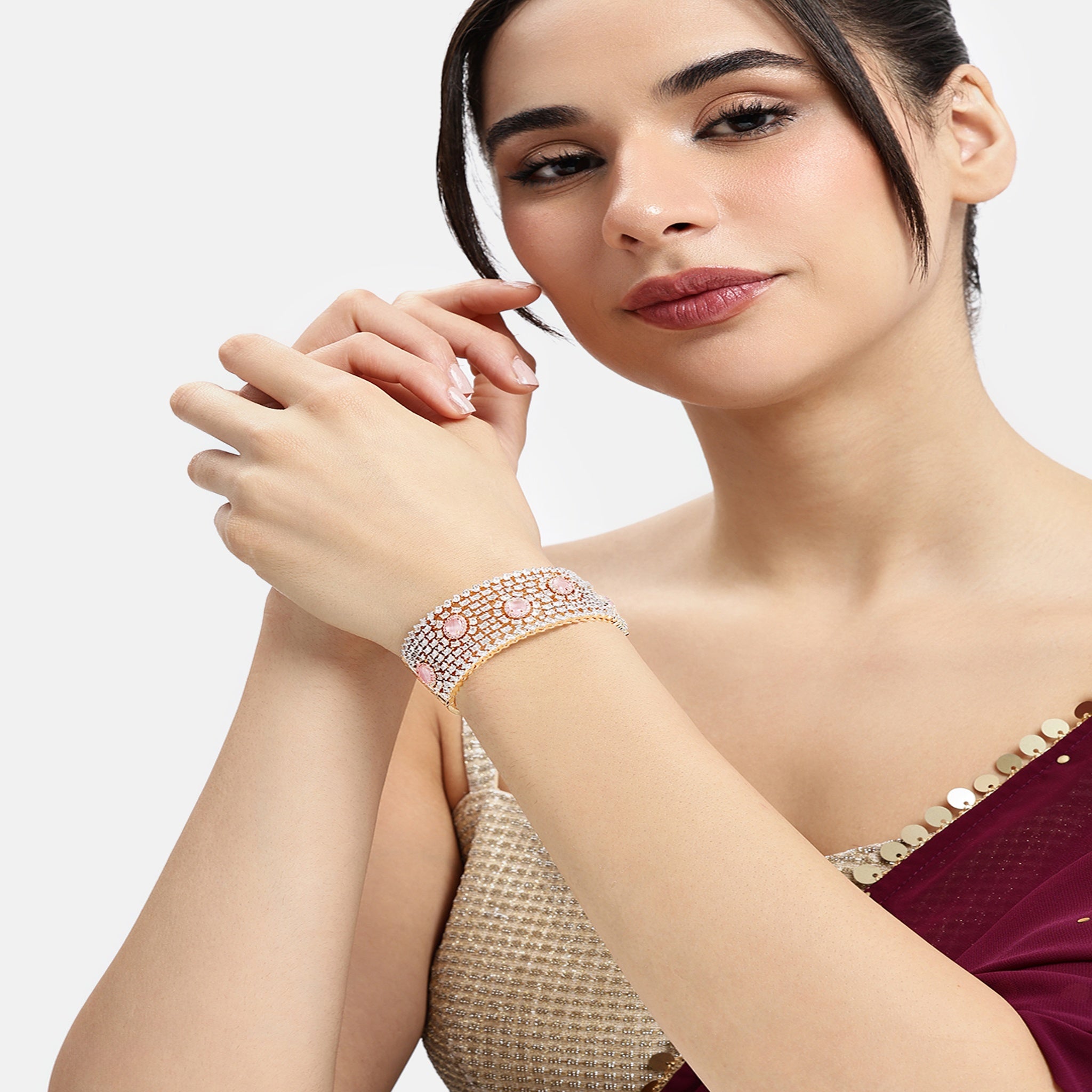 Women Gold-Plated Cubic Zirconia Studded Kada Bracelet-Pink