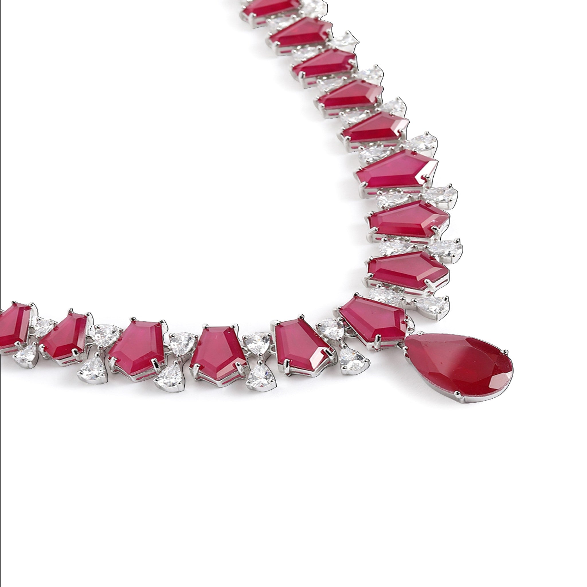 Rhodium-Plated Silver-Toned & Ruby Pink AD-Studded Jewellery Set