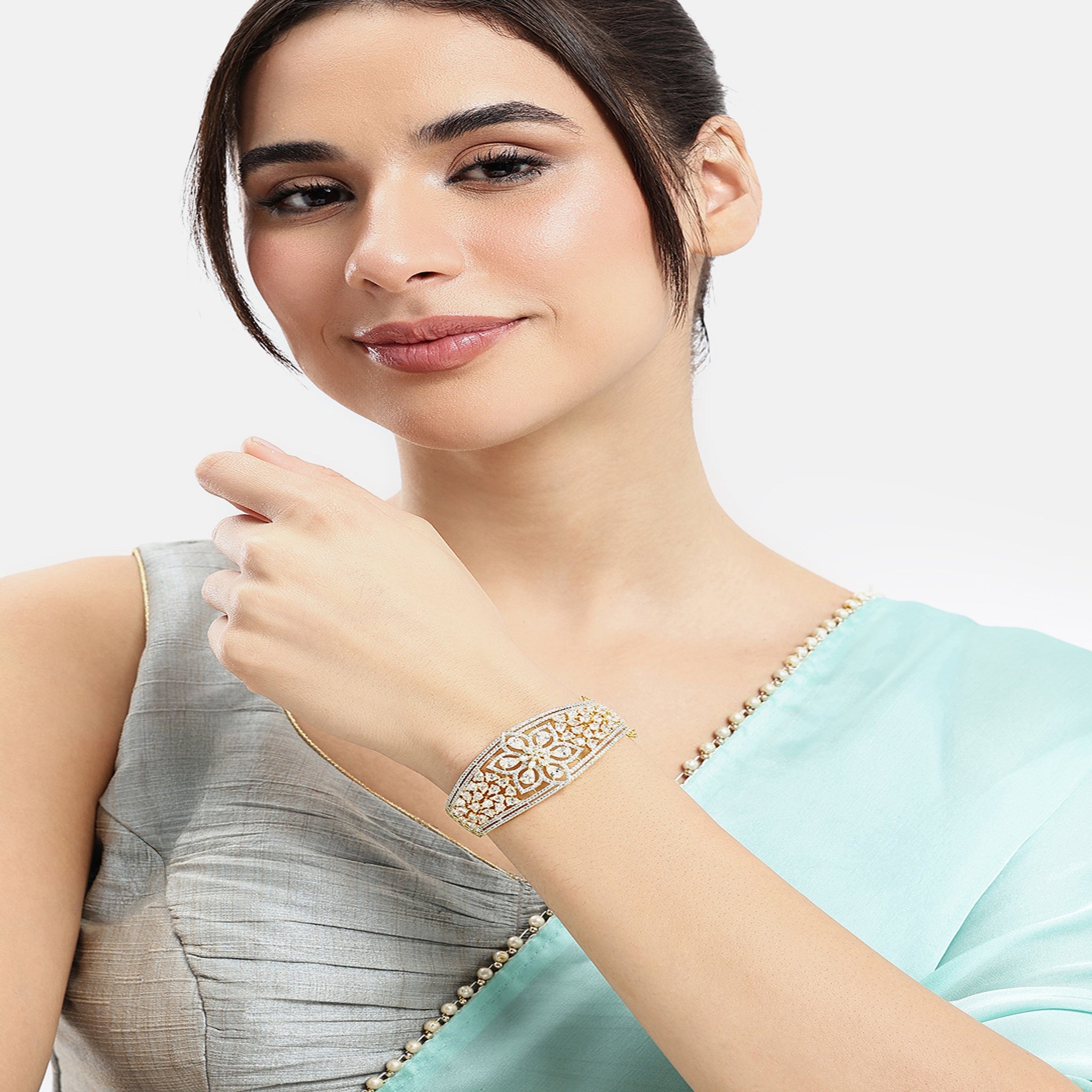 Women Cubic Zirconia Gold-Plated Kada Bracelet White-White