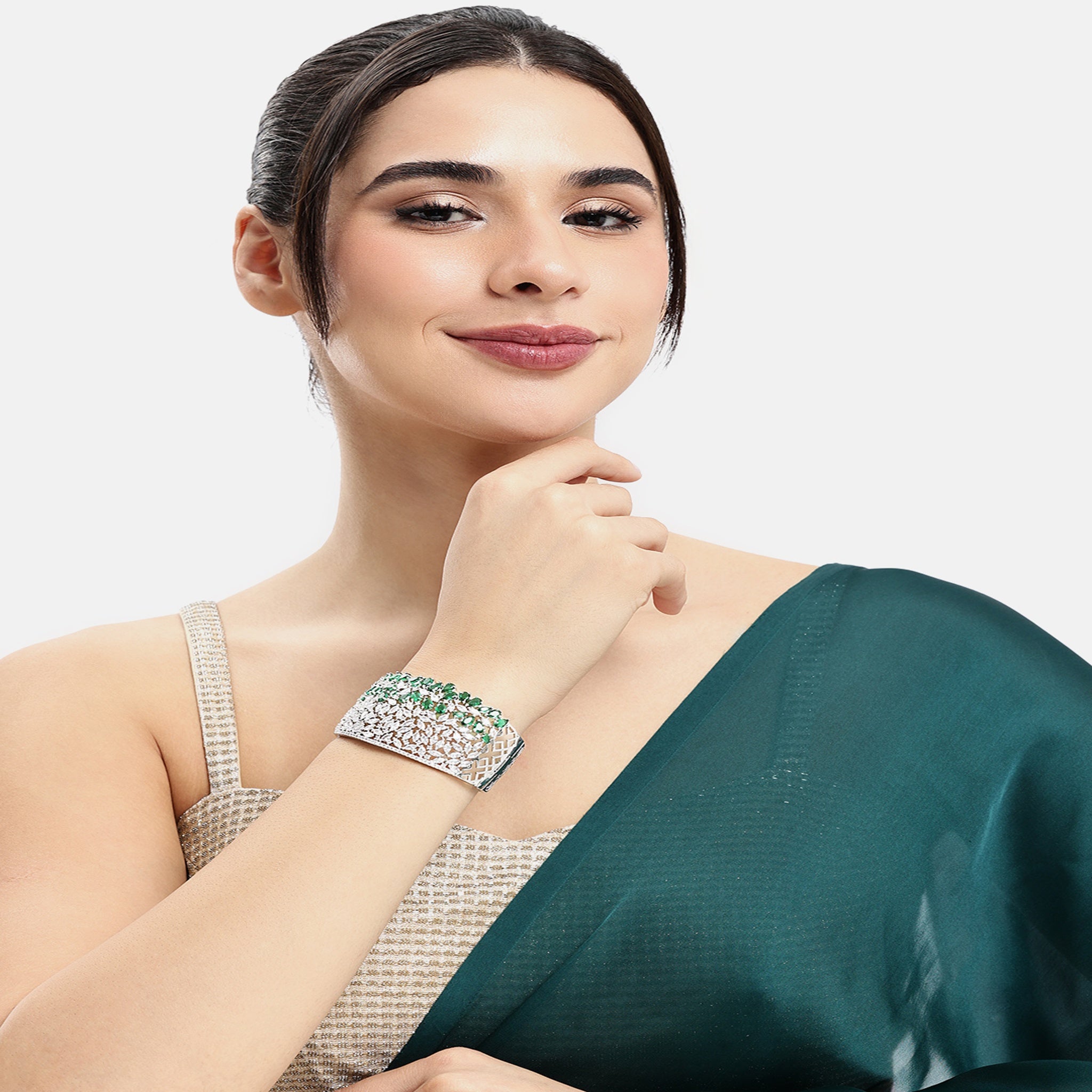 Women Cubic Zirconia Rhodium-Plated Kada Bracelet-Green