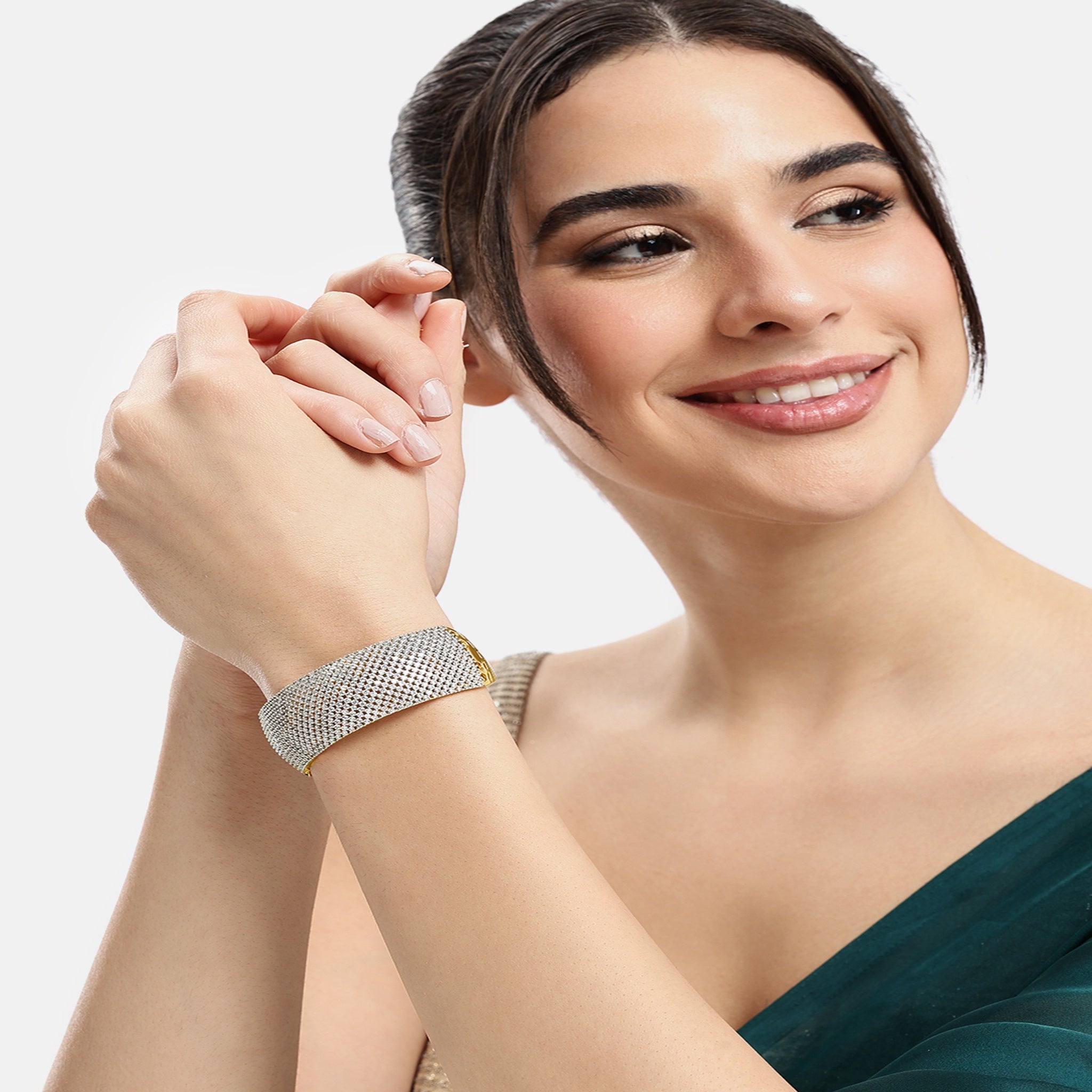 Women Cubic Zirconia Gold-Plated Kada Bracelet-2Tone