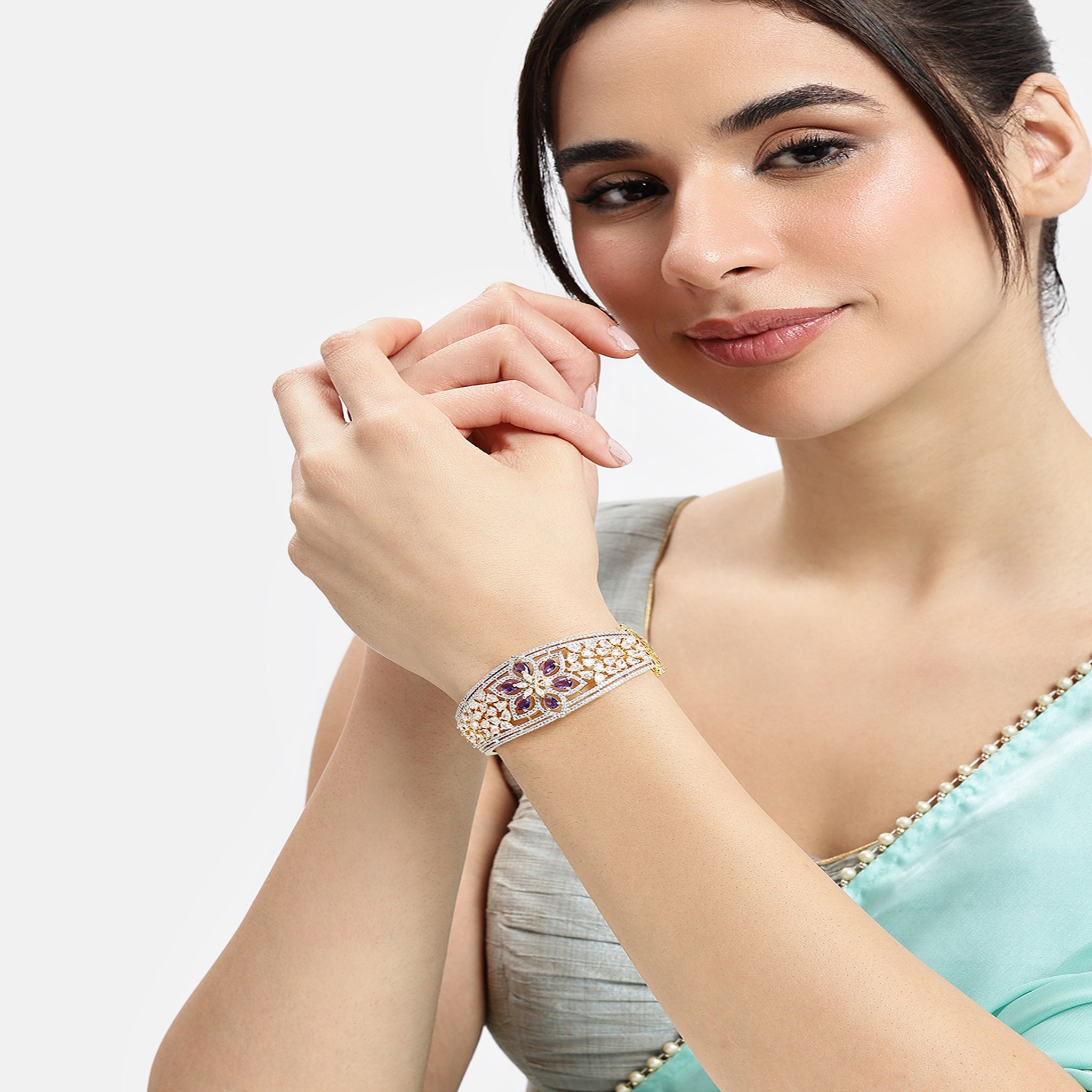Women Cubic Zirconia Gold-Plated Kada Bracelet-Purple