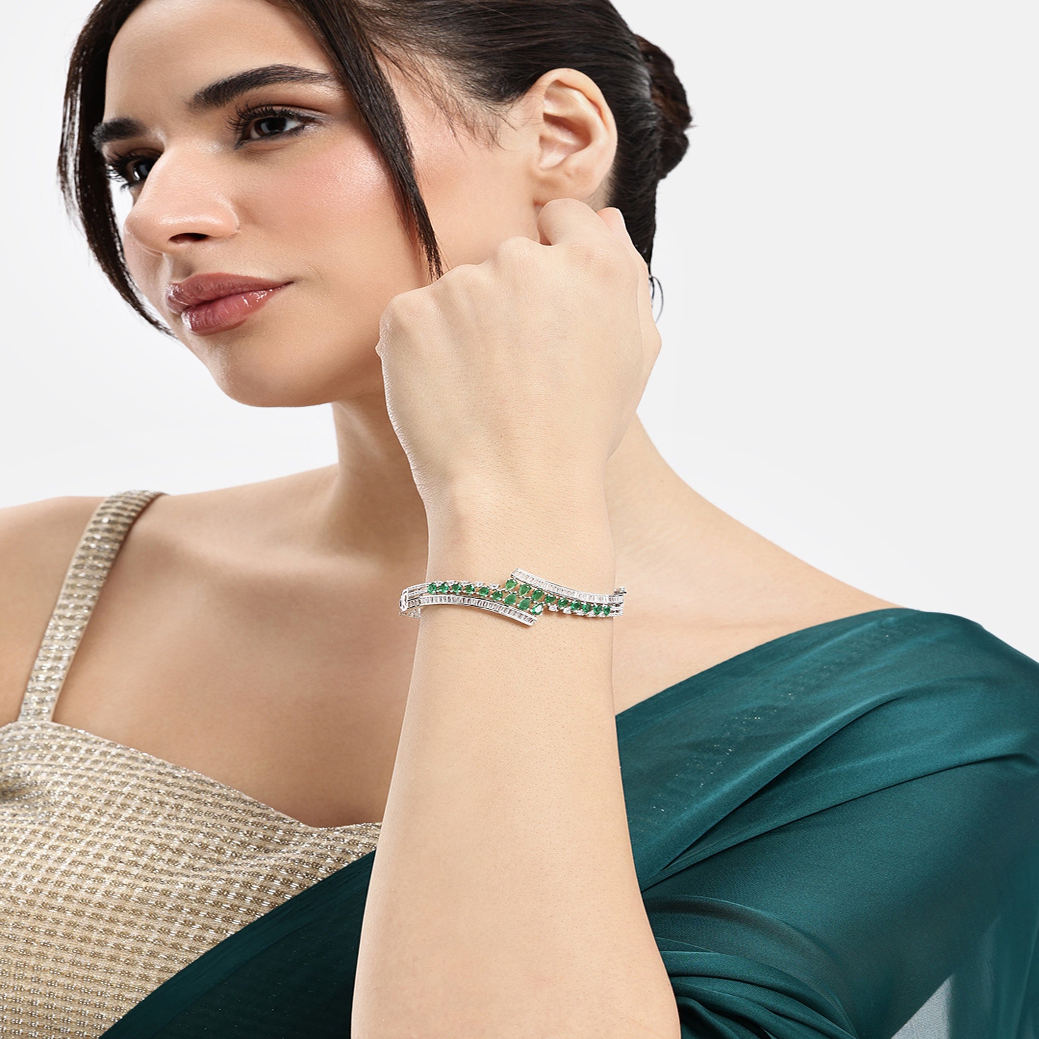 Women Cubic Zirconia Rhodium-Plated Kada Bracelet-Green