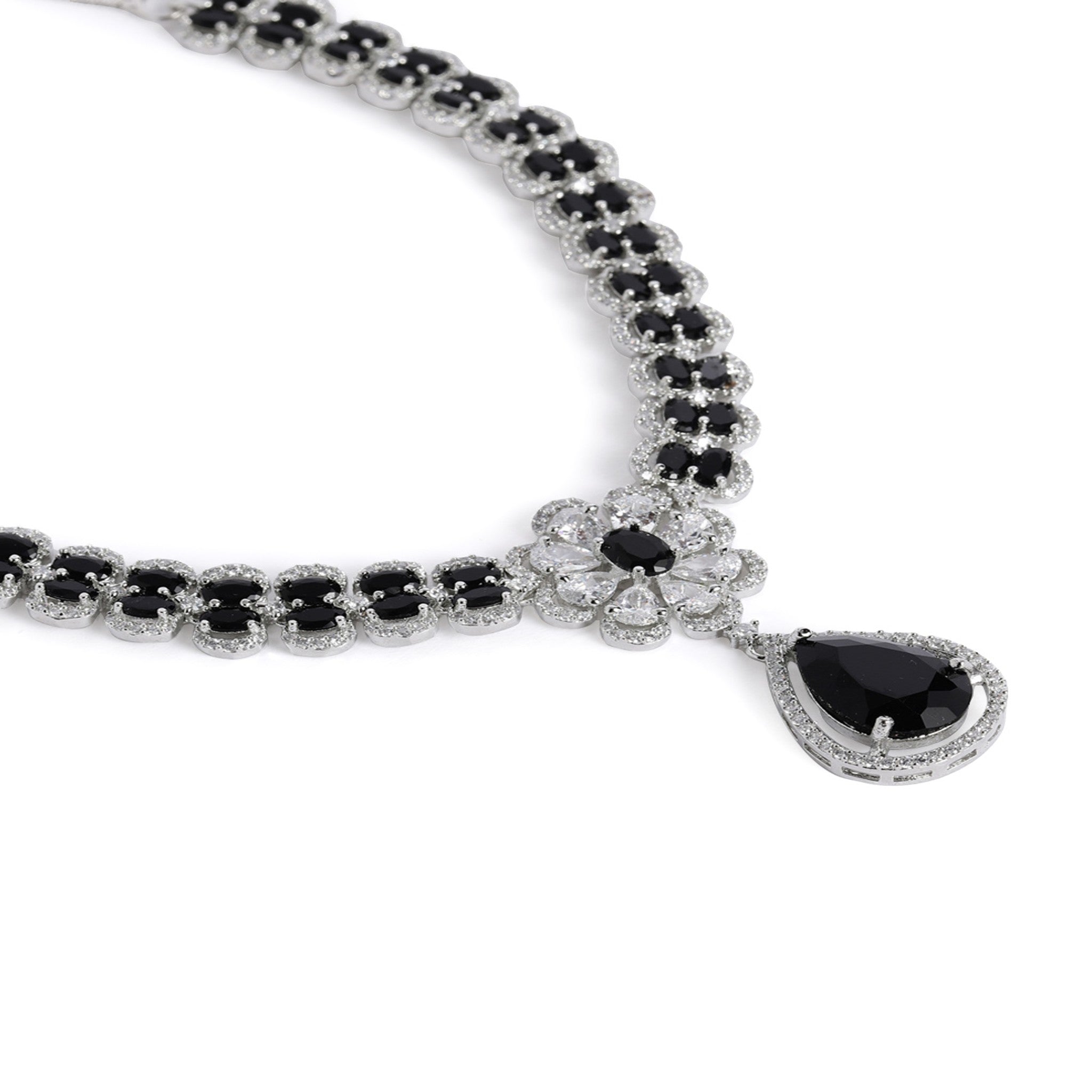 Rhodium-Plated Silver-Toned & Black AD-Studded Jewellery Set