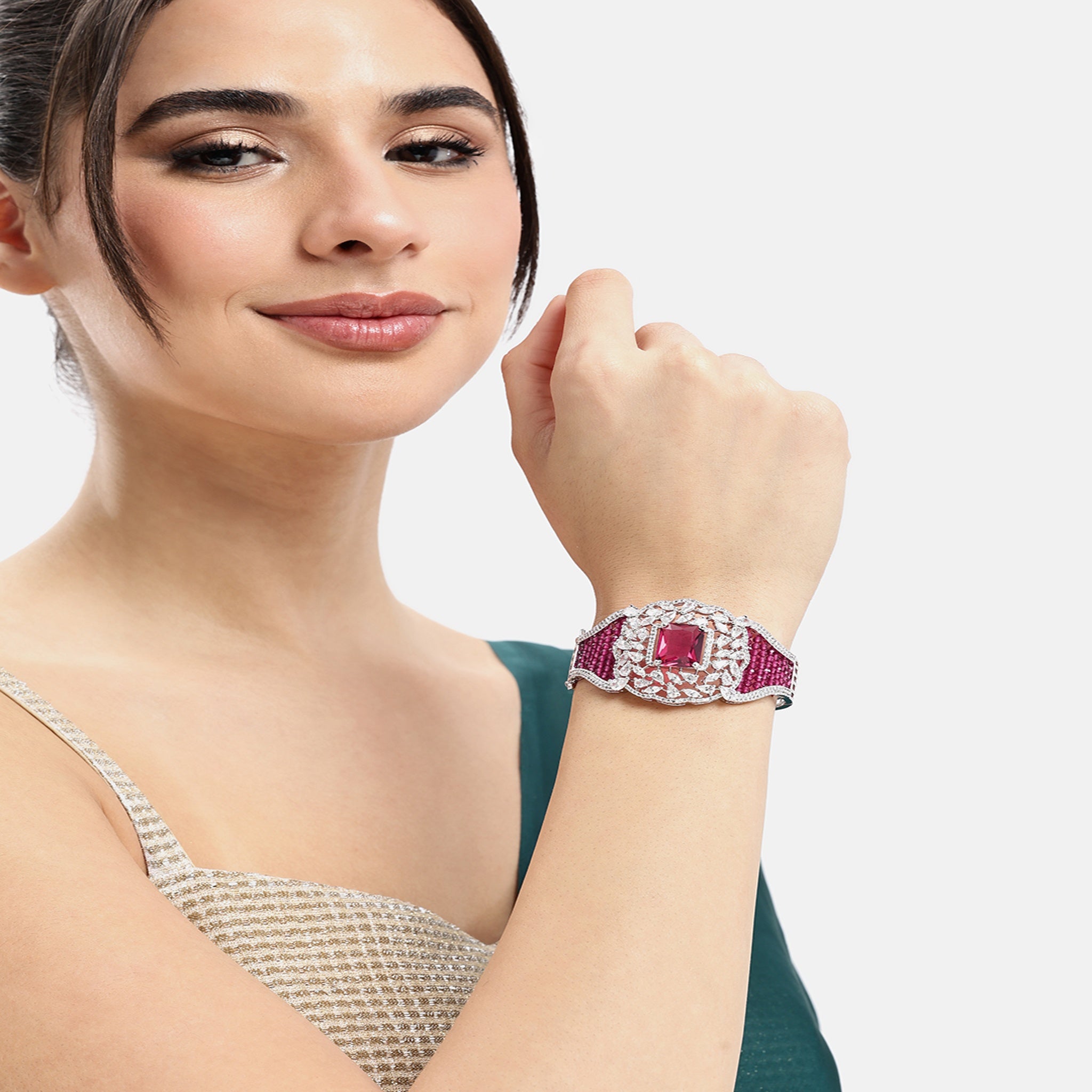 Women Cubic Zirconia Rhodium-Plated Kada Bracelet-Rani