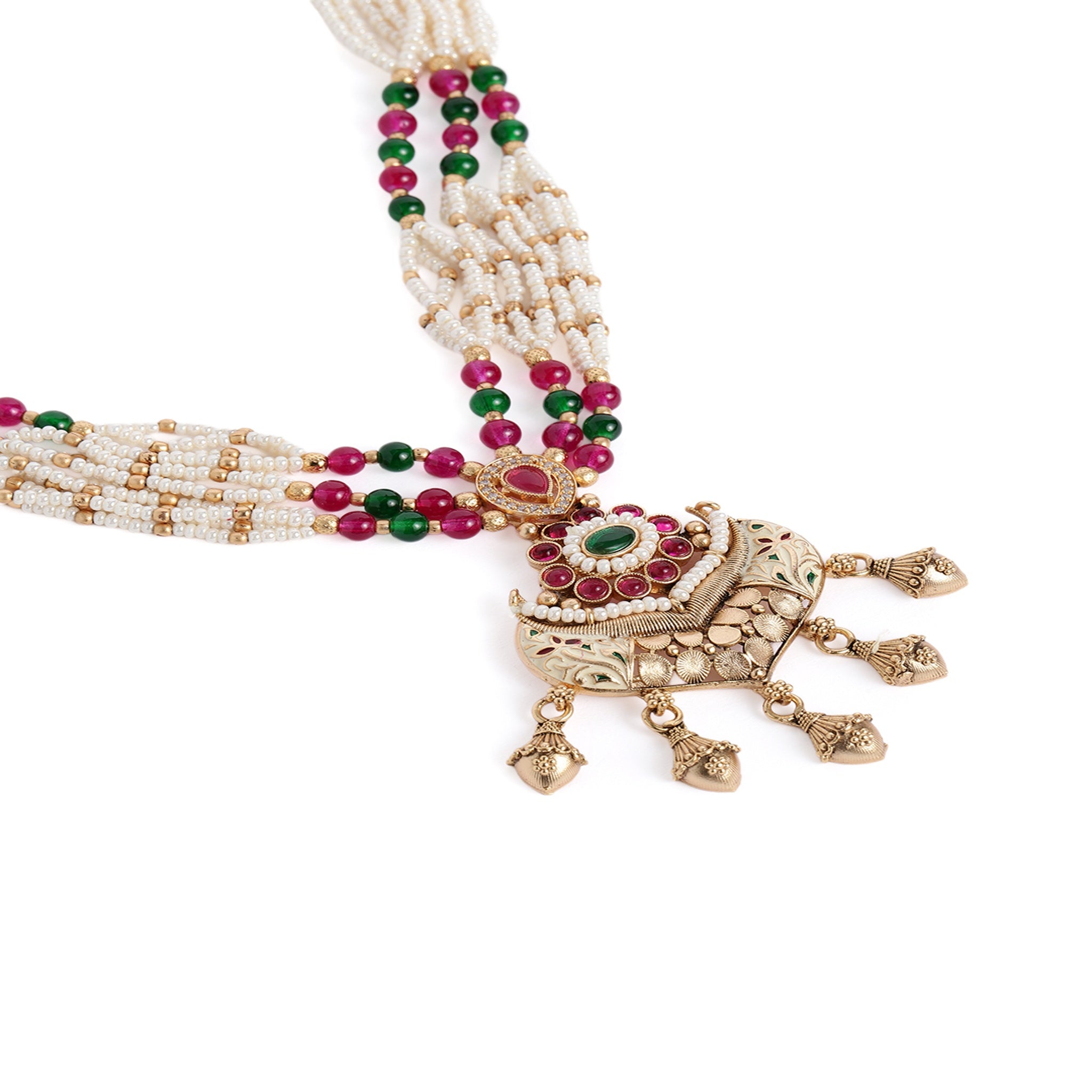 Gold-Plated Meenakari Antique Stones & Beads Studded Jewellery Set