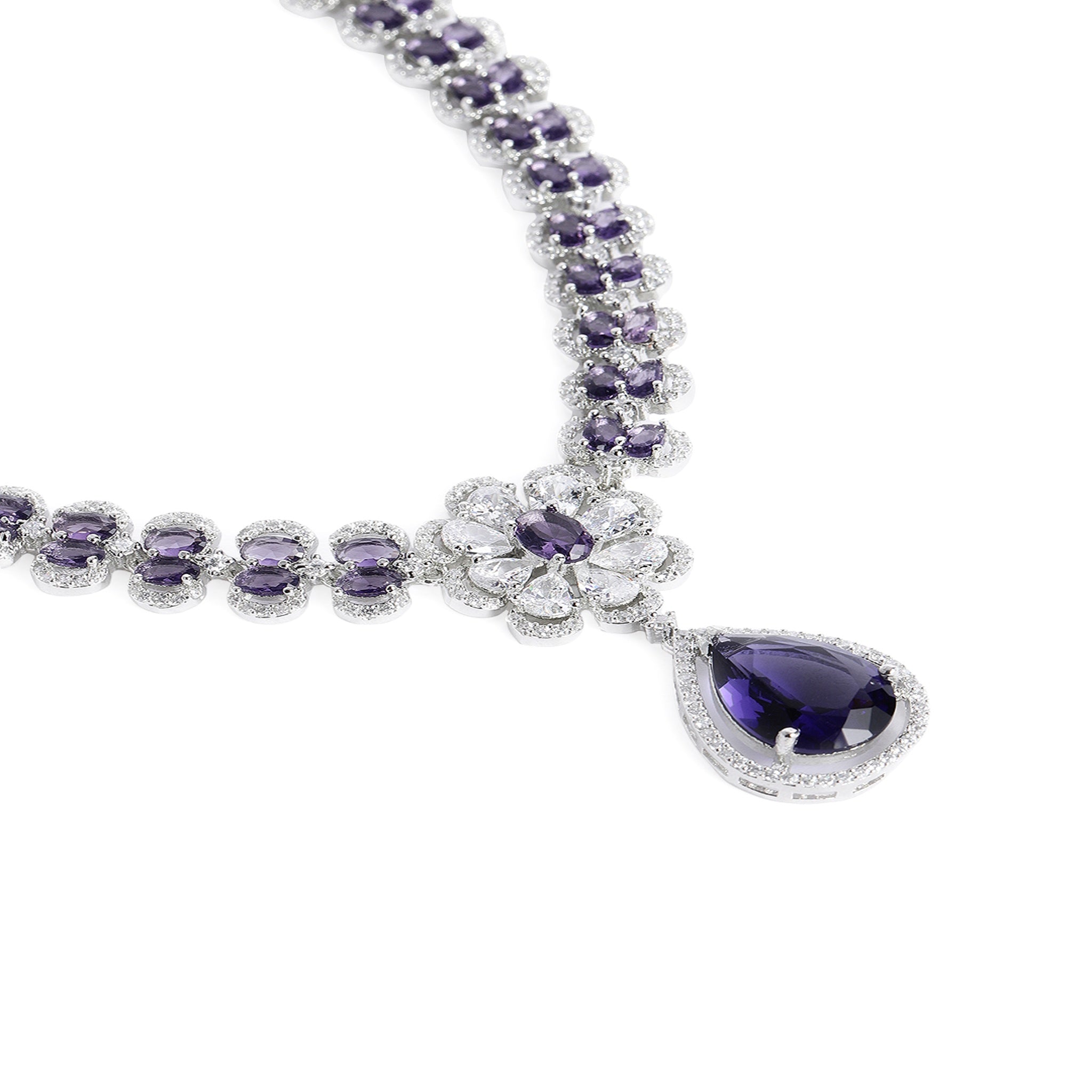 Rhodium-Plated Silver-Toned & Purple AD-Studded Jewellery Set