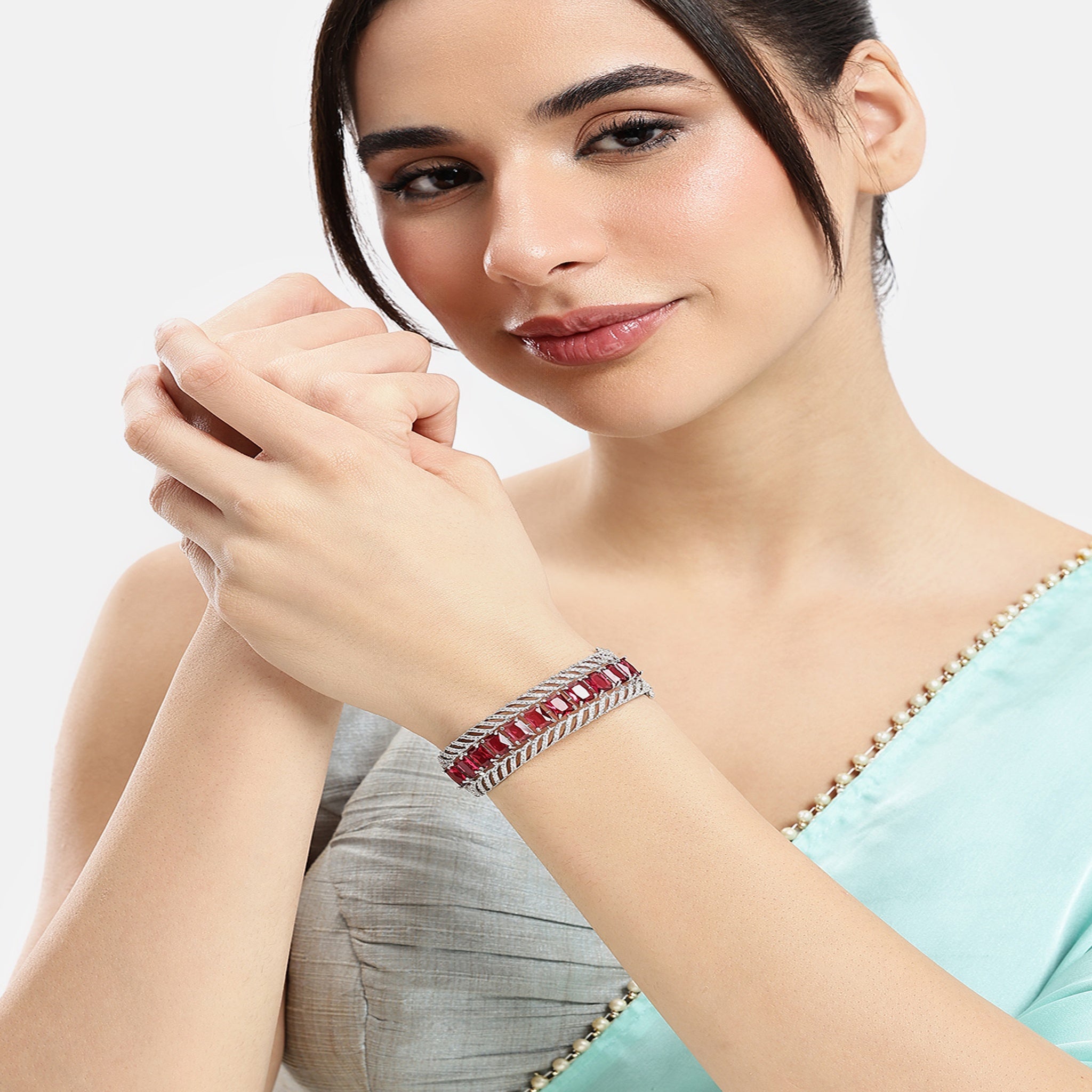 Cubic Zirconia Rhodium-Plated Kada Bracelet-Rani